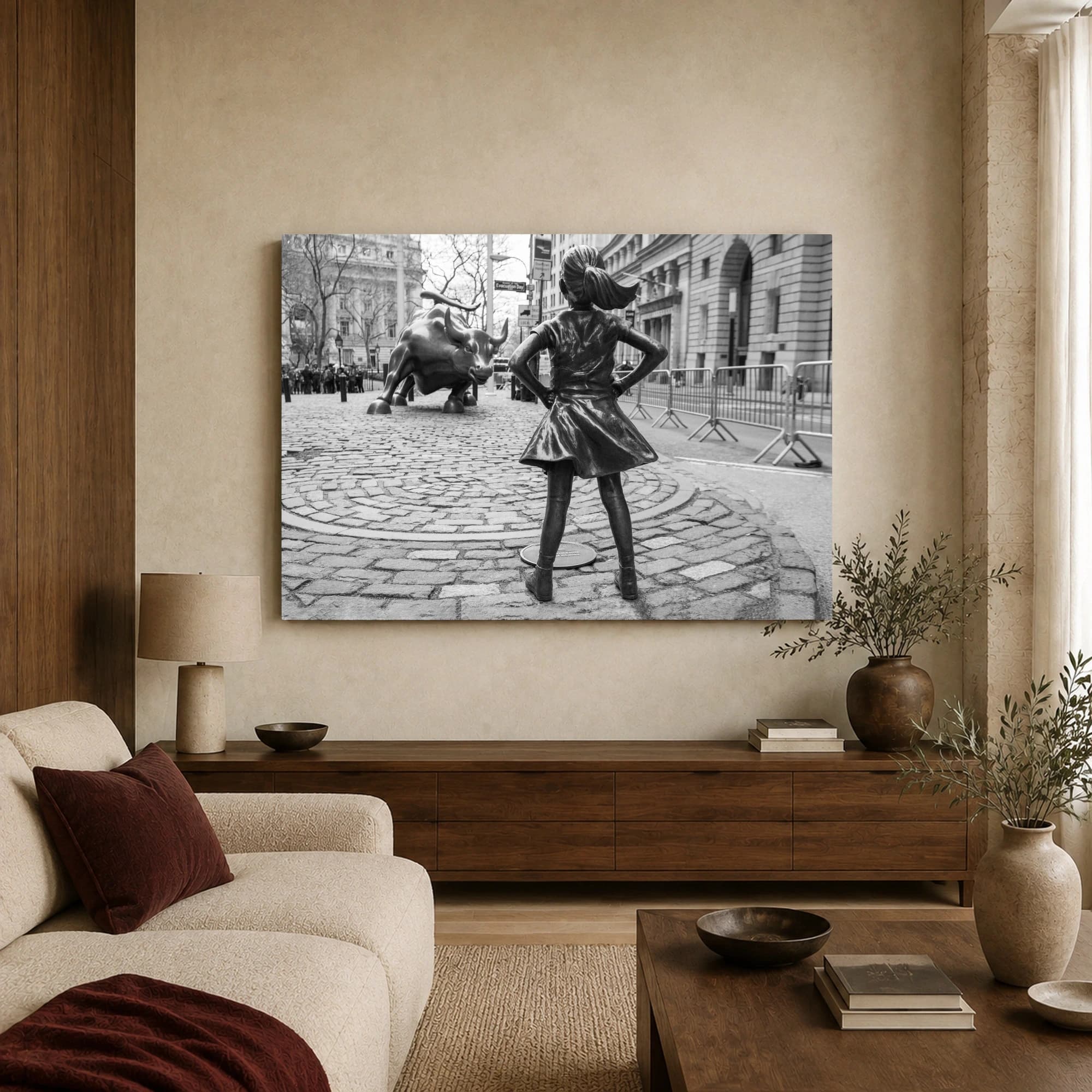 Fearless Girl and Charging Bull Black and White Wall Art Print, view 2