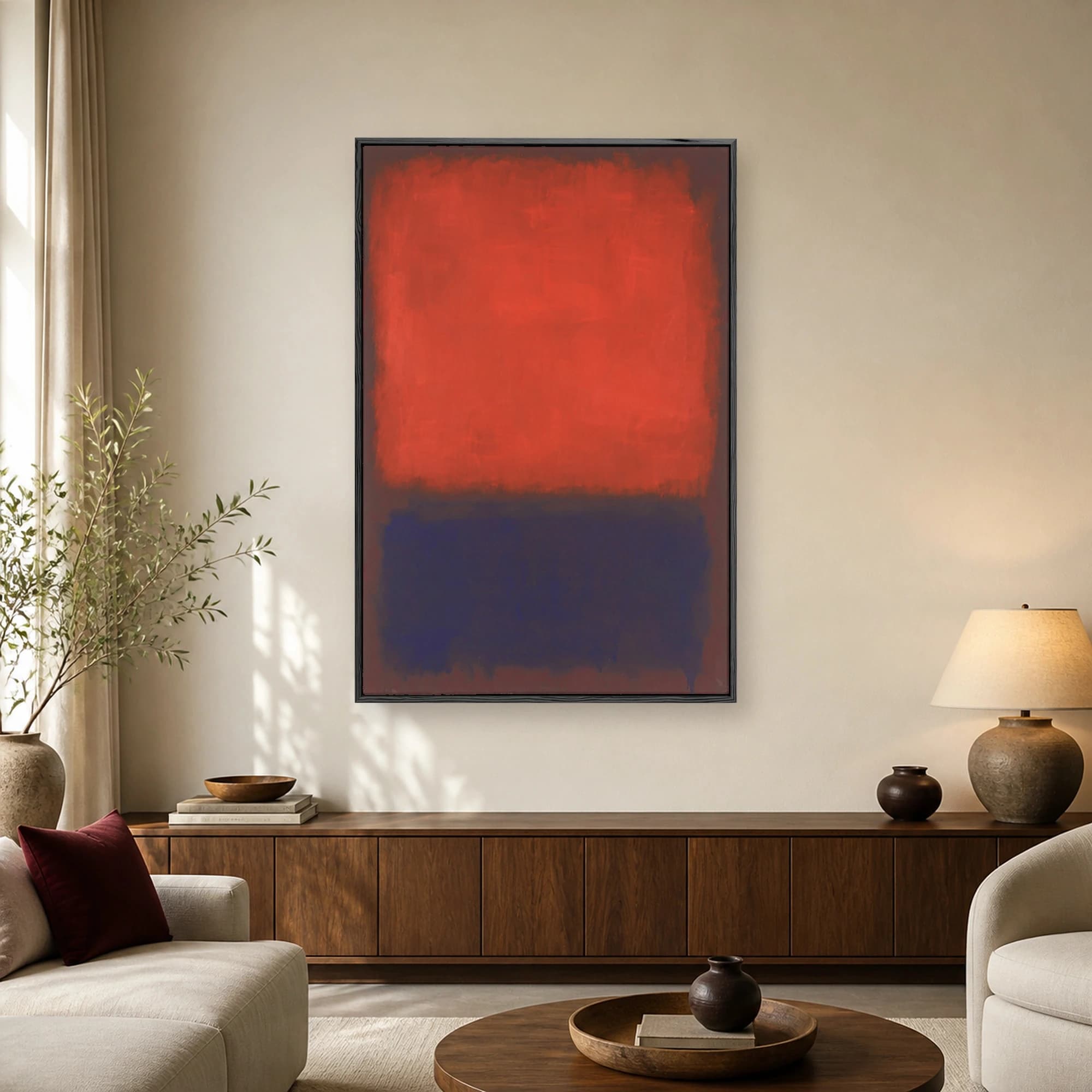 Vertical abstract color field painting featuring a large luminous rust red rectangle above a dark indigo blue block with soft edges.