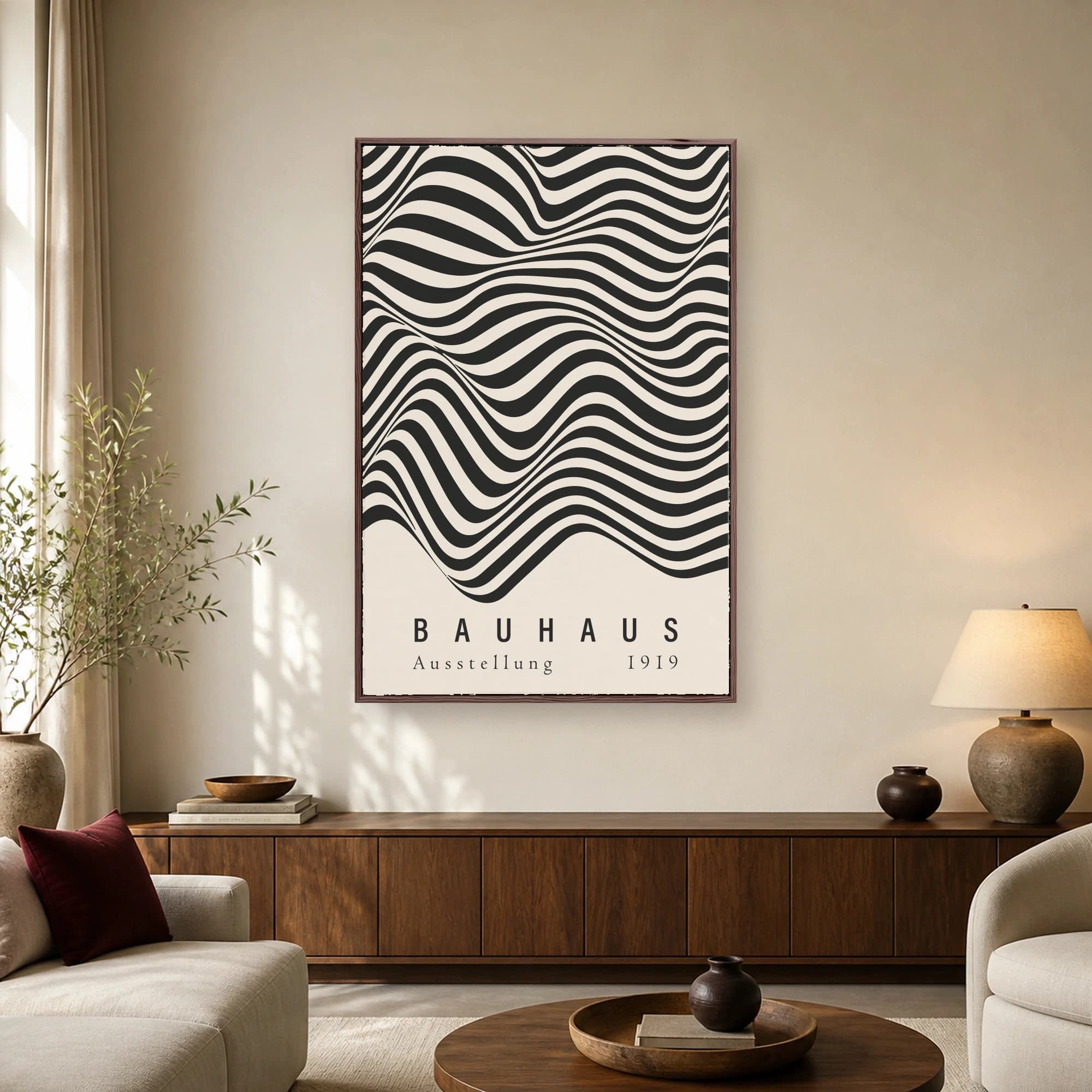 A vertical modernist art print featuring black and white wavy optical patterns above the text BAUHAUS Ausstellung 1919 on a cream background.