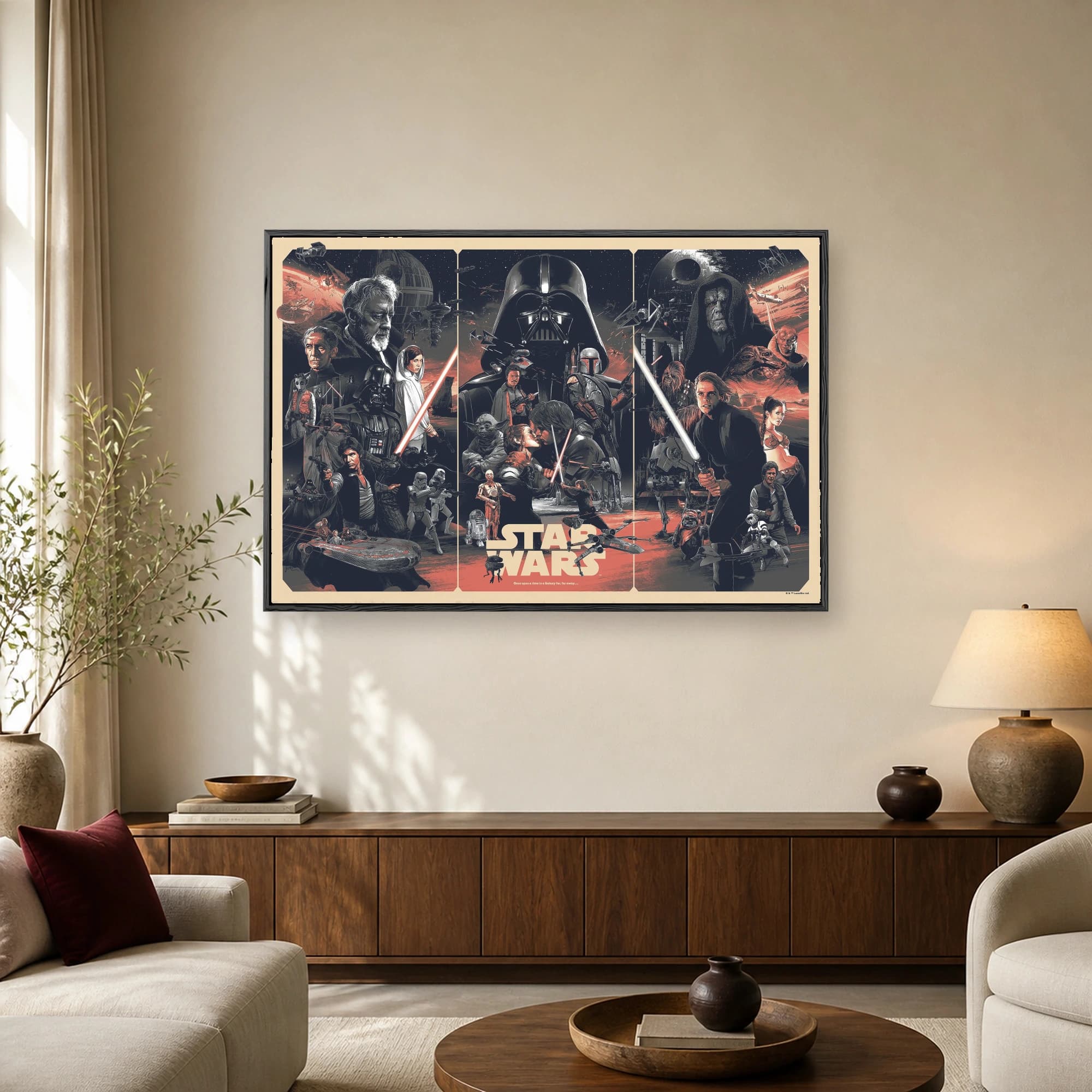 Star Wars triptych wall art featuring Darth Vader, Luke Skywalker, Han Solo, and iconic starships in a high-contrast illustration style.