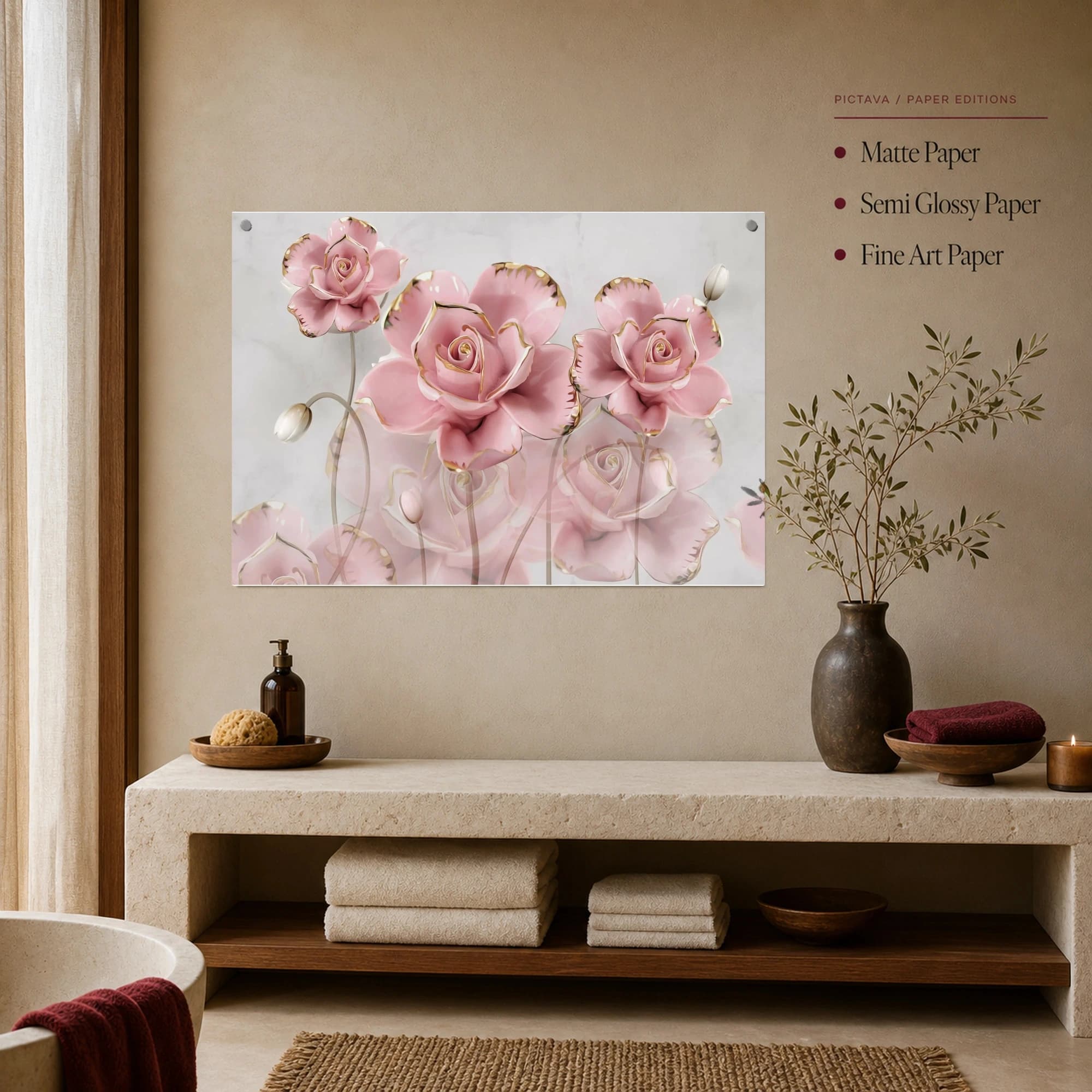 Pink Ceramic Roses Gold Trim Floral Wall Art Canvas, view 4