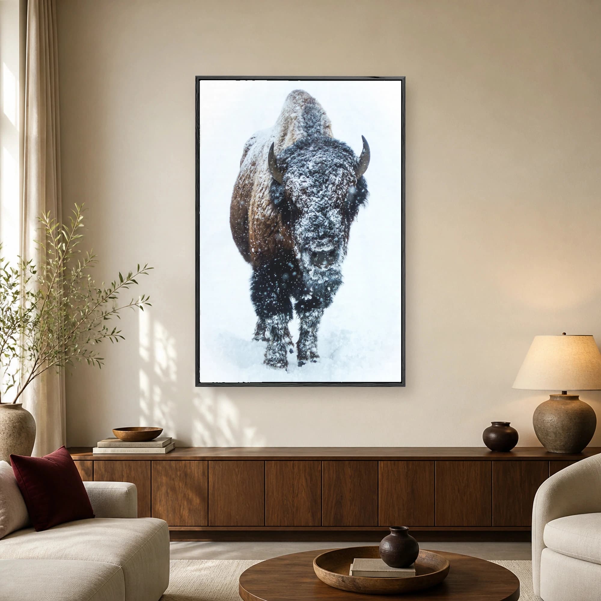 A majestic American bison covered in frost and snow looking forward during a heavy snowfall.