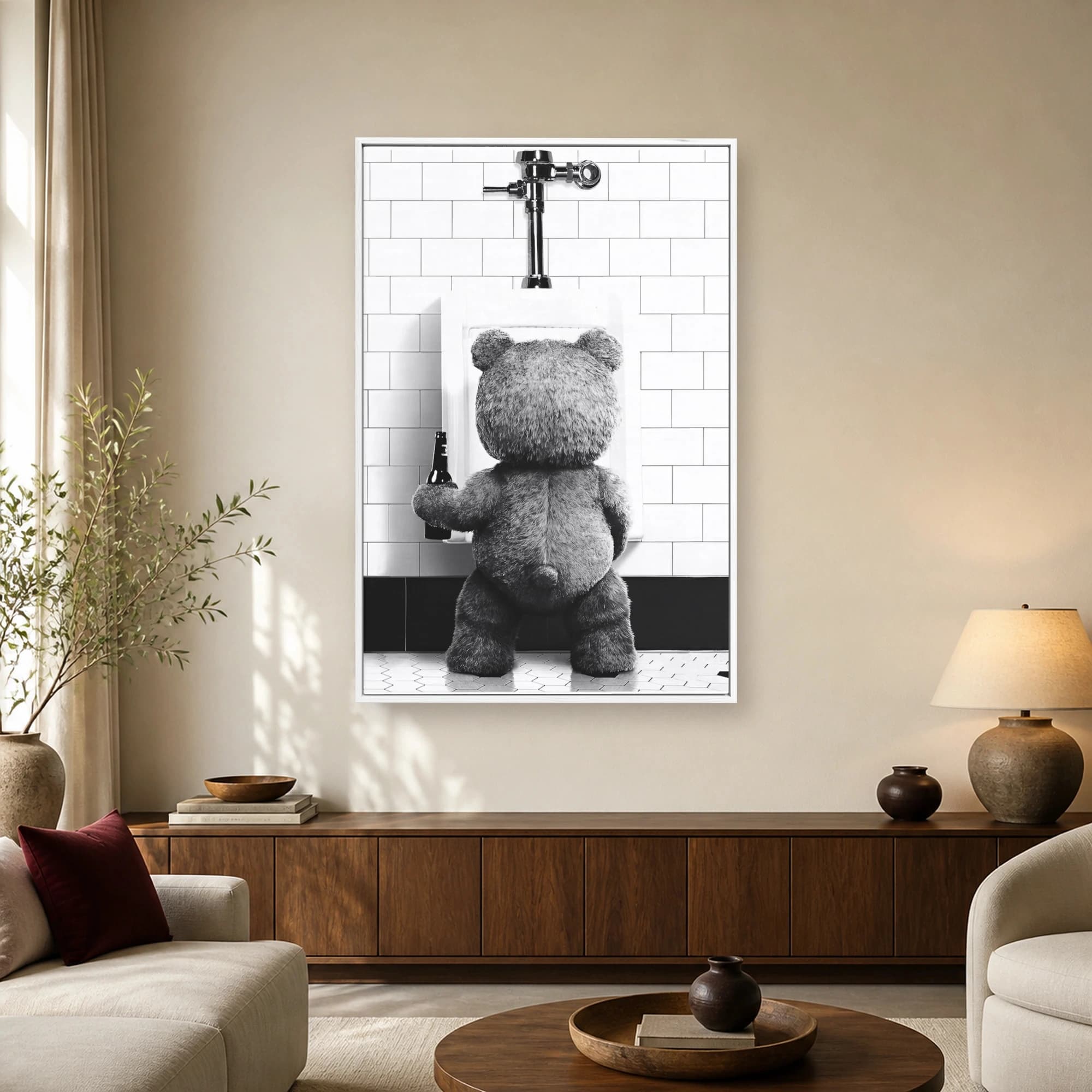 Funny Teddy Bear at Urinal Bathroom Wall Art Print, view 2