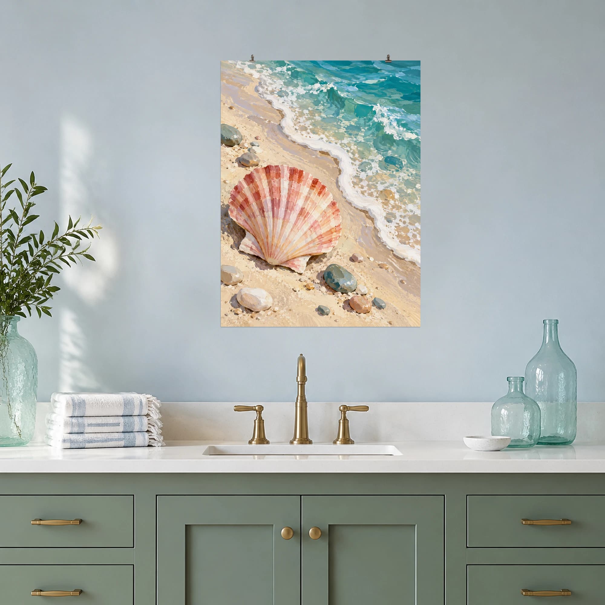 This gouache-style composition features a fan shaped blush scallop shell on pearly cream sand beside a gently curving turquoise wave with tiny smooth pebbles. Expressive brushwork and a balanced palette bring warmth and character to your space.
