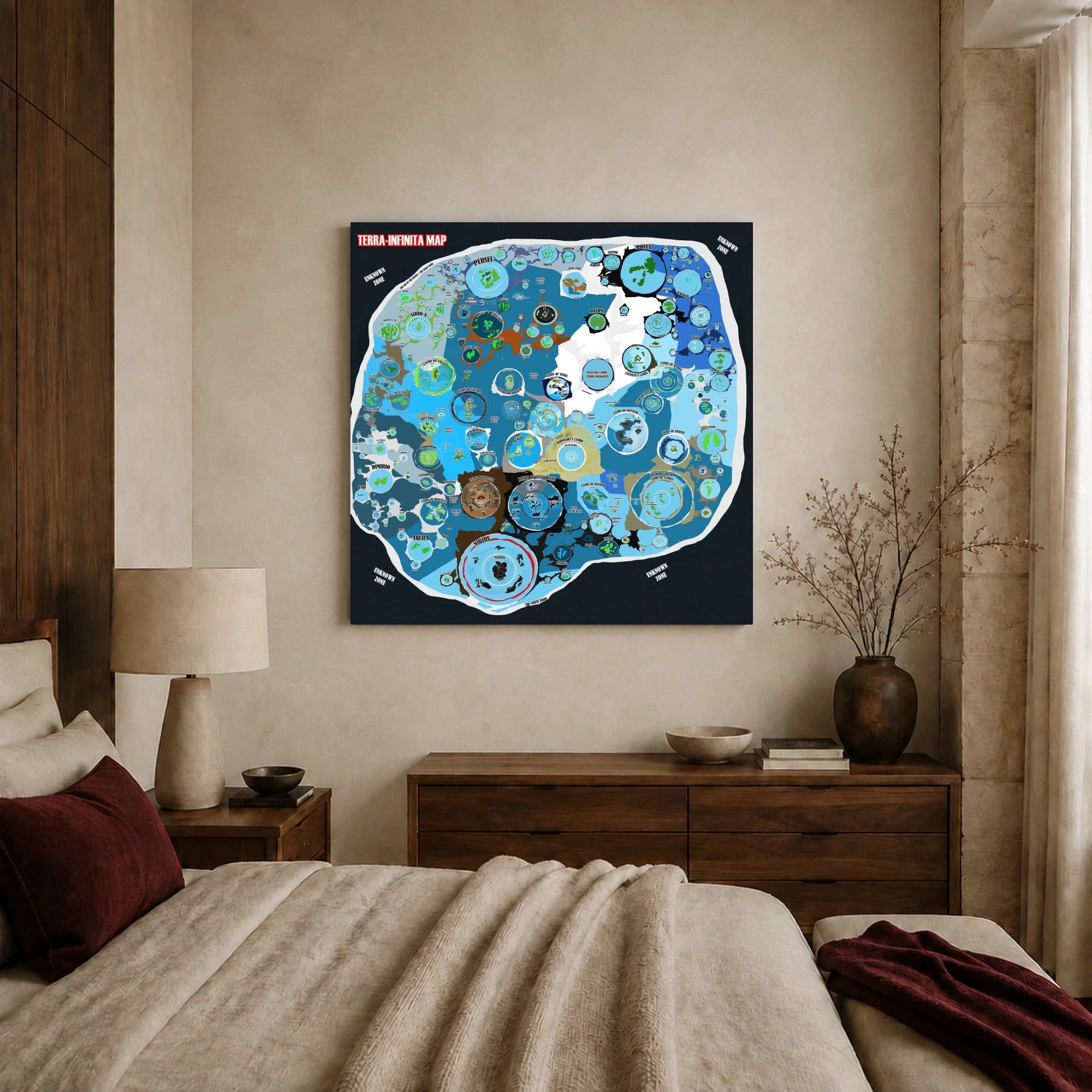 An intricate fantasy map titled Terra-Infinita showing numerous circular realm domes, planetary names, and blue oceans across a dark background.