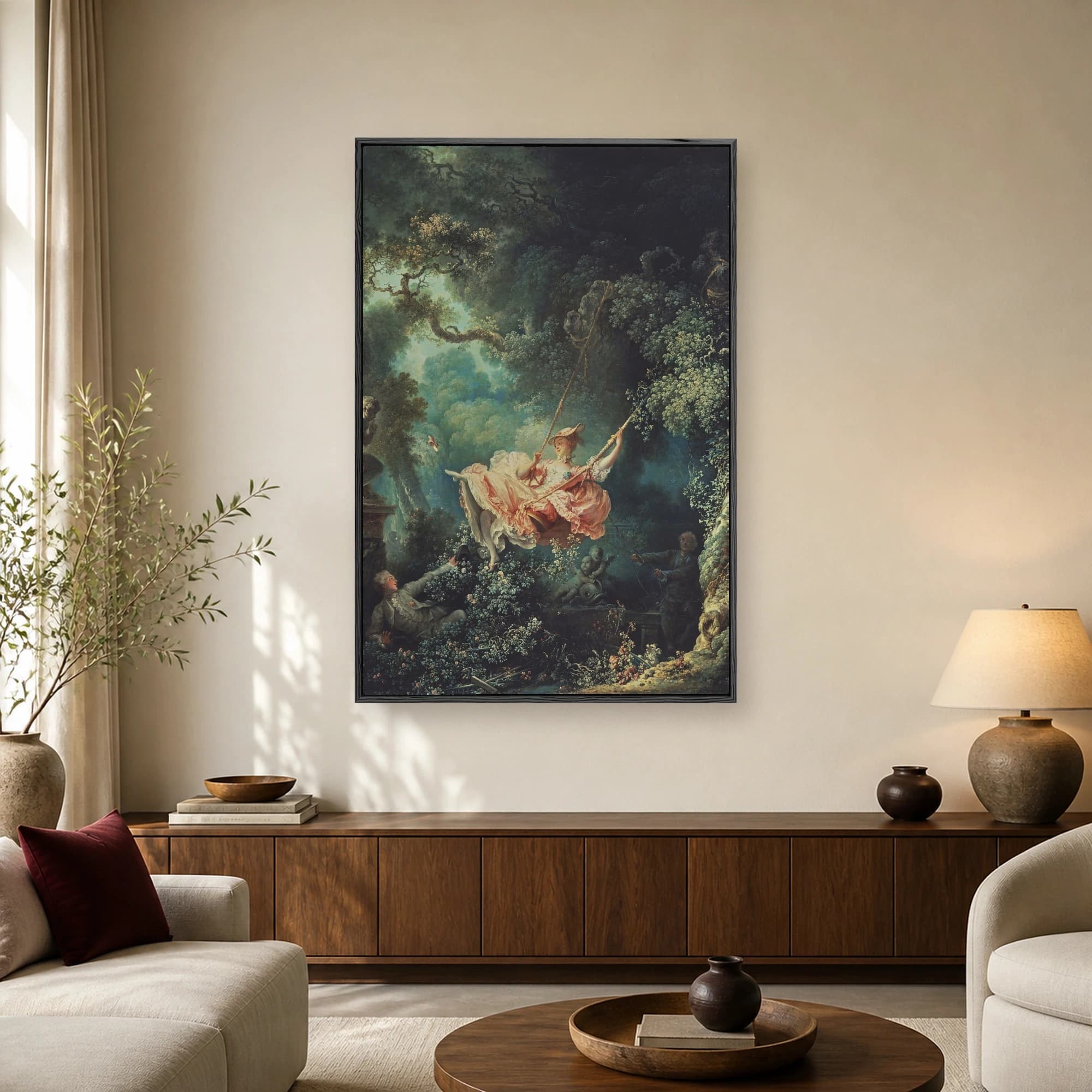A classic fine art print of The Swing by Jean-Honoré Fragonard showing a woman in a pink dress on a swing in a garden.