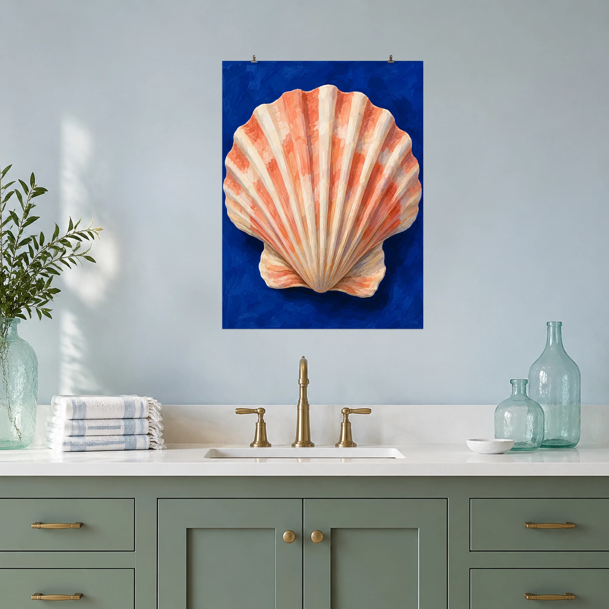 Coral and ivory ridges fan across a sculptural scallop shell against a deep cobalt background. Bold color and a simple composition create a striking coastal focal point.