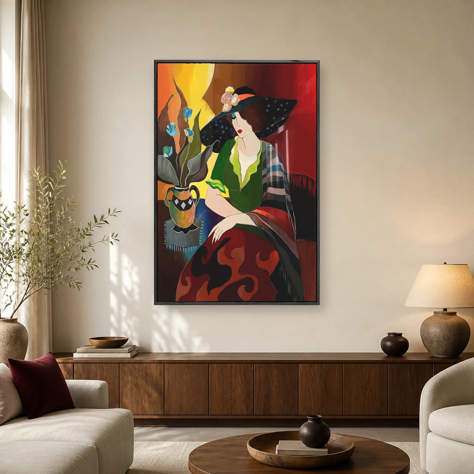 Stylized painting of a woman in a black polka dot hat sitting next to a vase of blue flowers.
