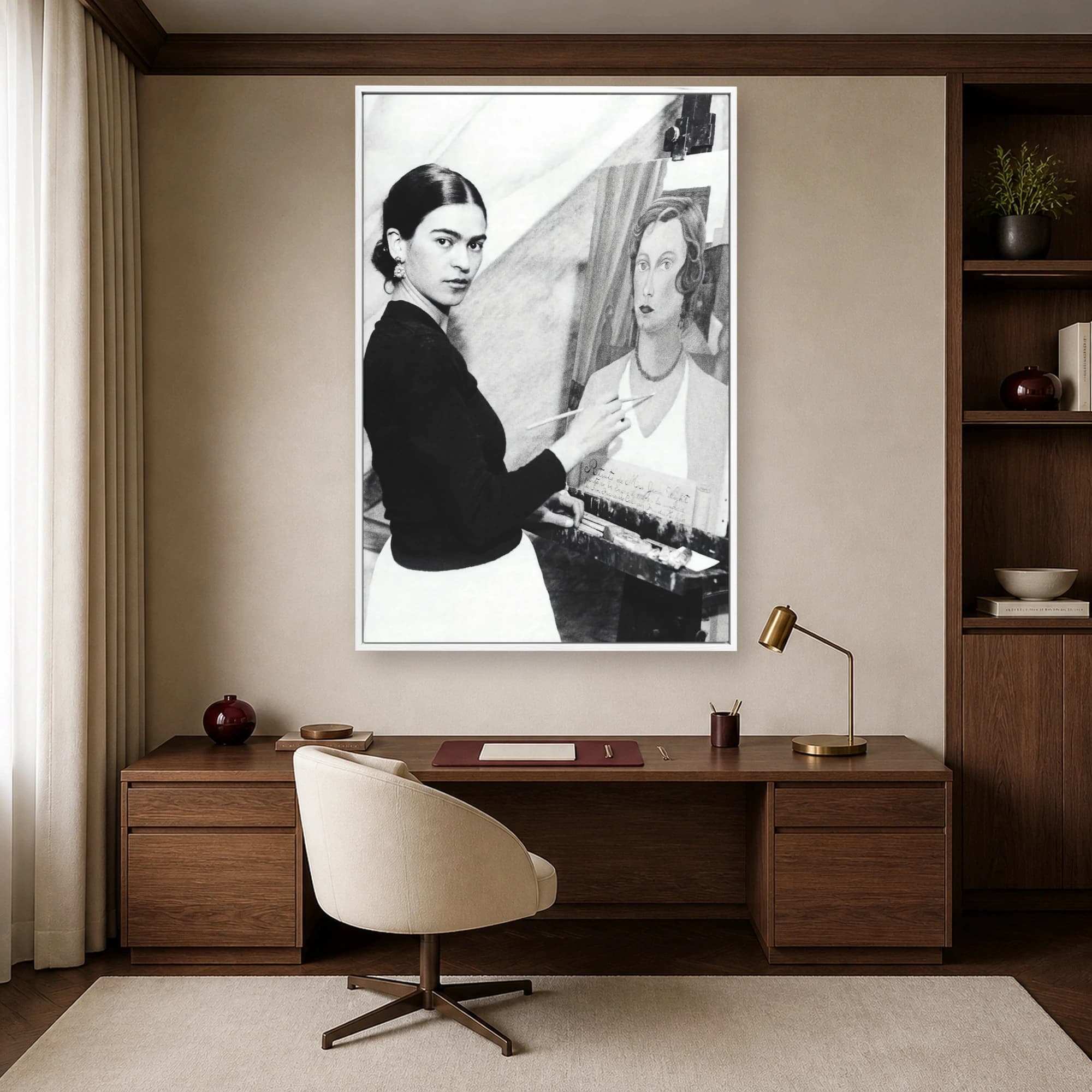 Frida Kahlo Painting in Studio Black and White Canvas Print, view 6