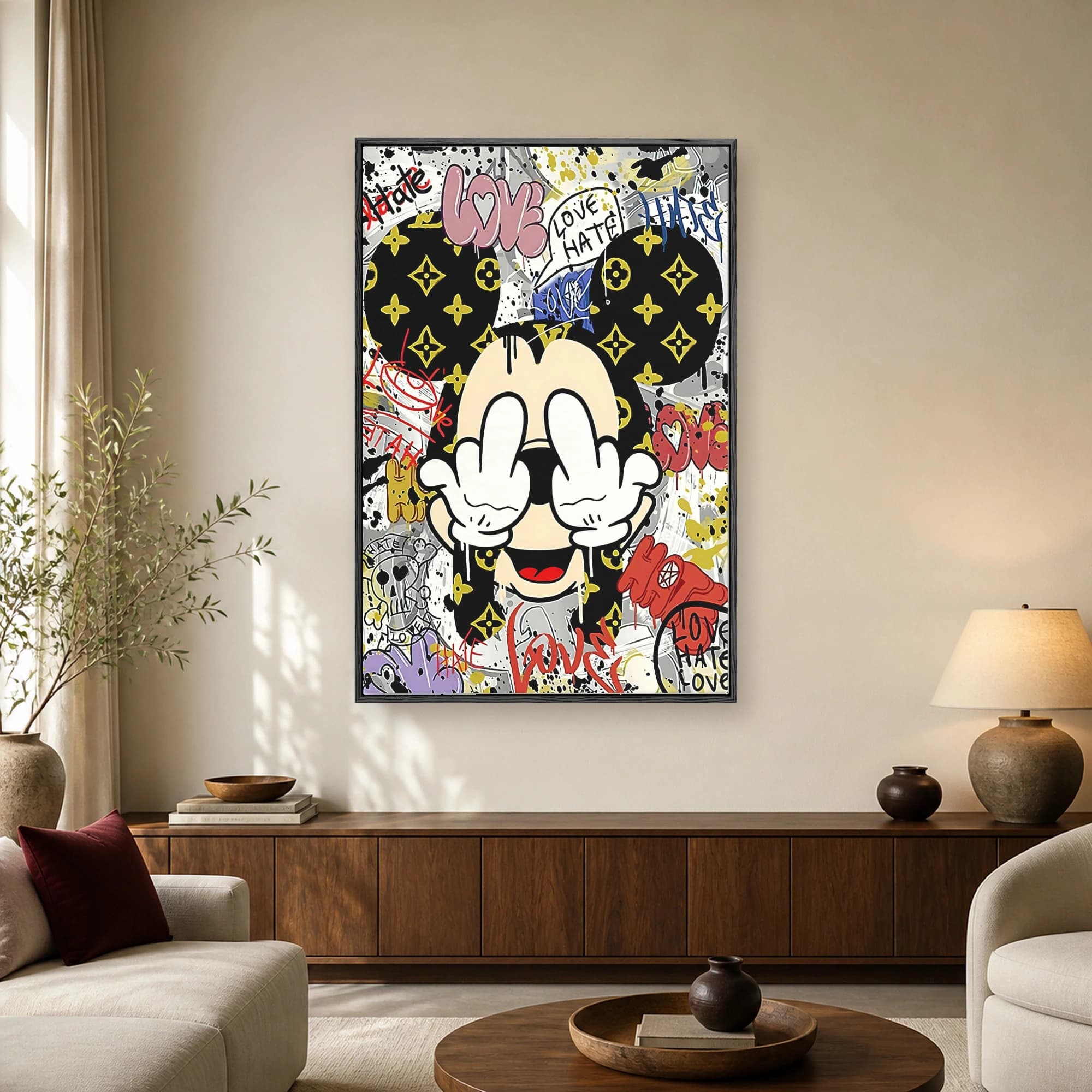 Urban street art canvas print featuring a cartoon mouse silhouette with luxury monograms, graffiti, and paint drips