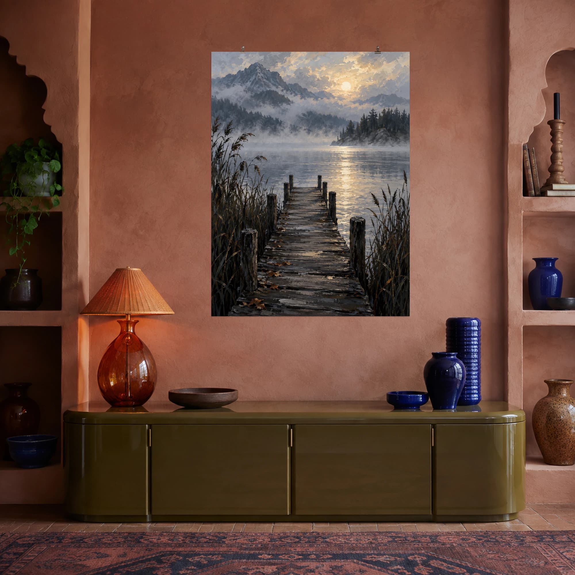 This gouache-style composition features a weathered wooden jetty extending into a silver lake framed by dark reeds and mist. Expressive brushwork and carefully balanced color bring a distinctive focal point to your wall.