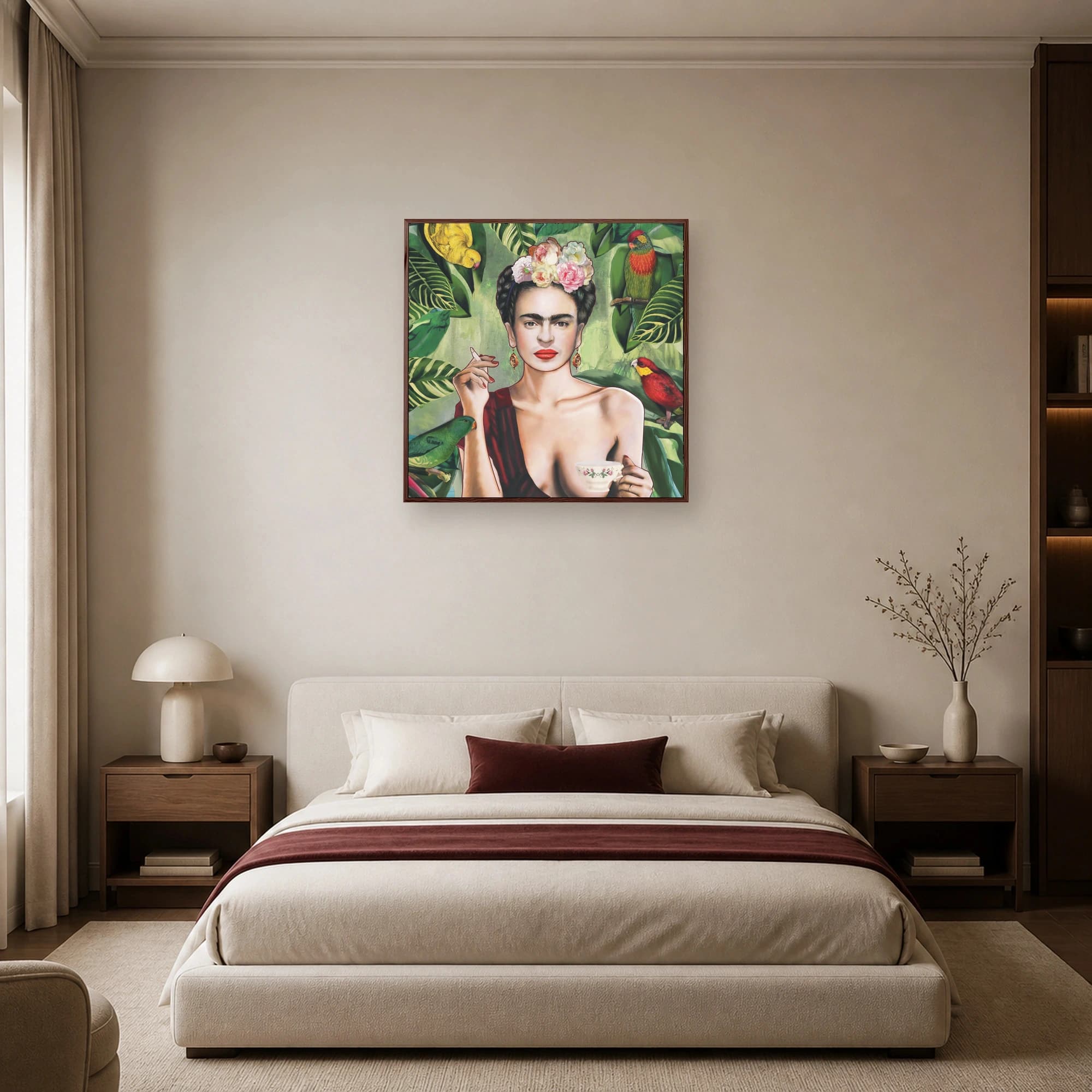 Frida Kahlo Tropical Portrait Canvas Print with Exotic Birds, view 6