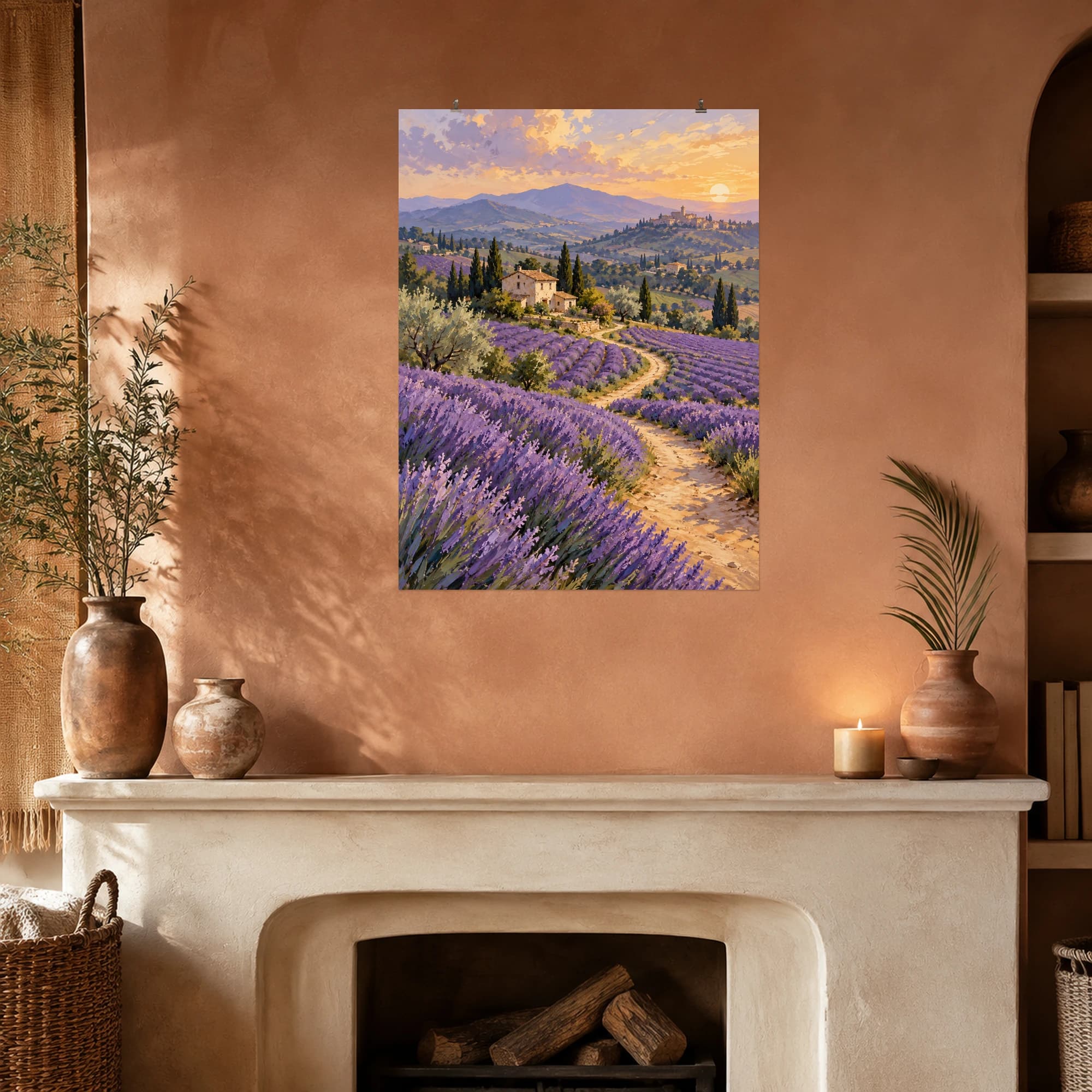 A winding path crosses lavender fields toward a cream farmhouse. Warm sunset light and distant hazy hills add depth and calm to this purple landscape.