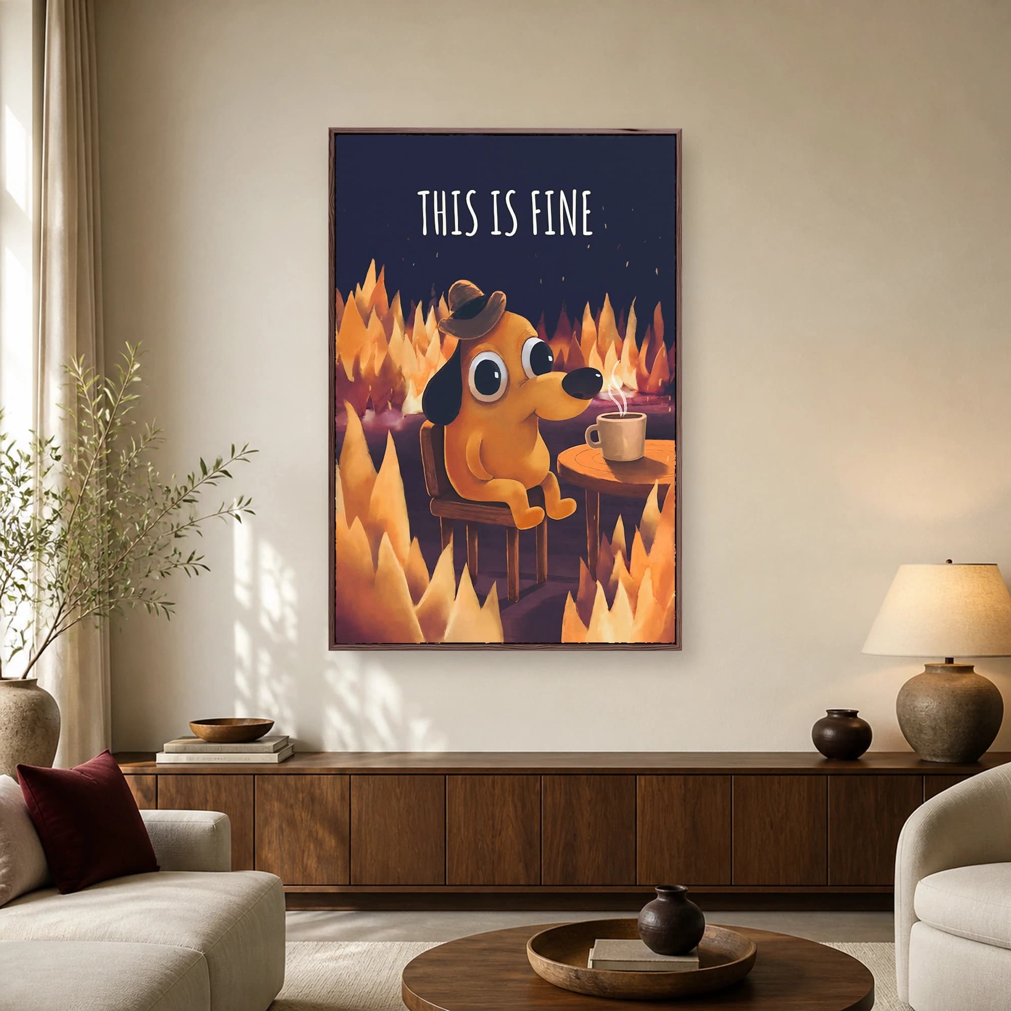 An orange cartoon dog calmly drinks coffee at a table while sitting in a room consumed by bright flames under the text THIS IS FINE.