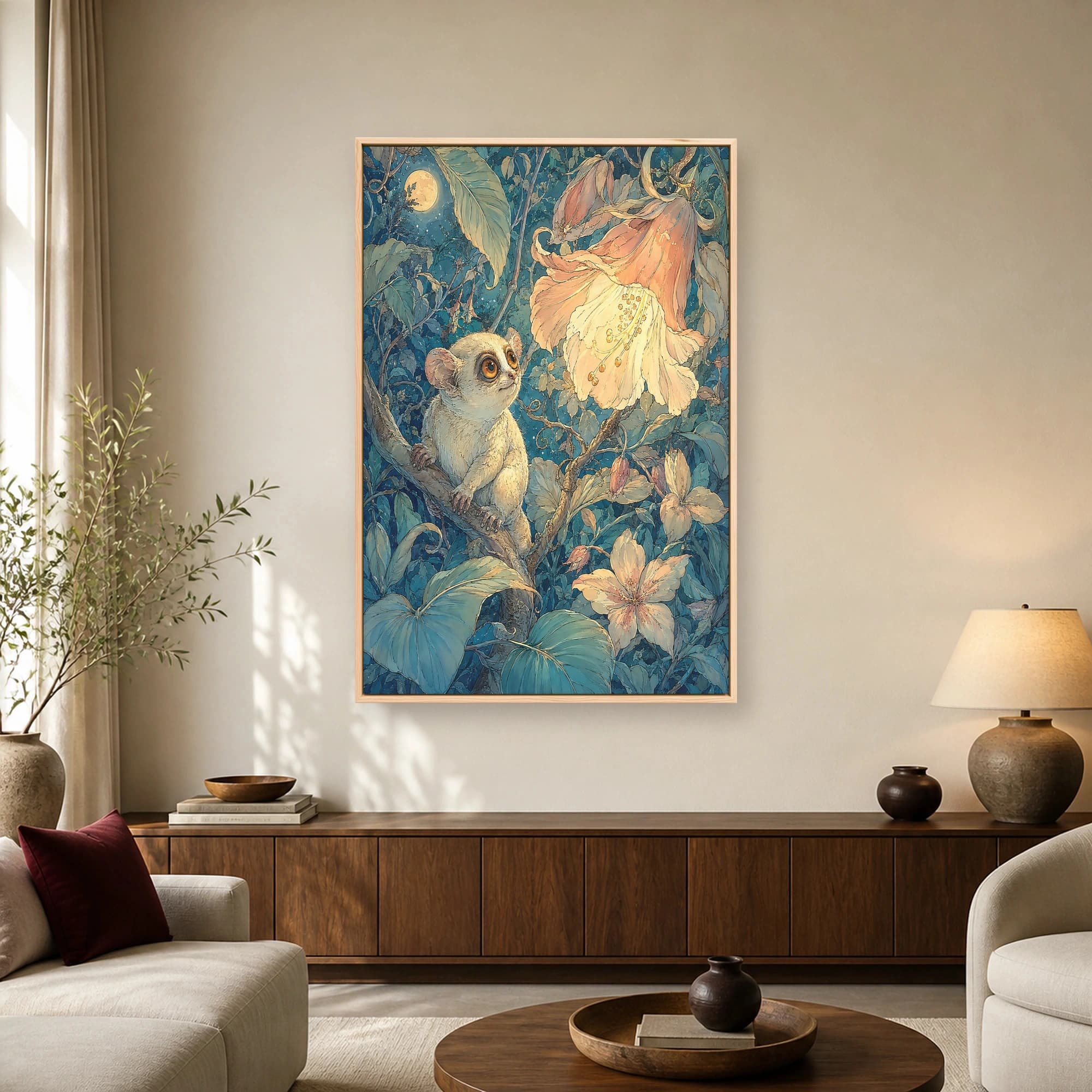 Moonlit Tarsier and Luminous Blossom Fantasy Art Print, view 2