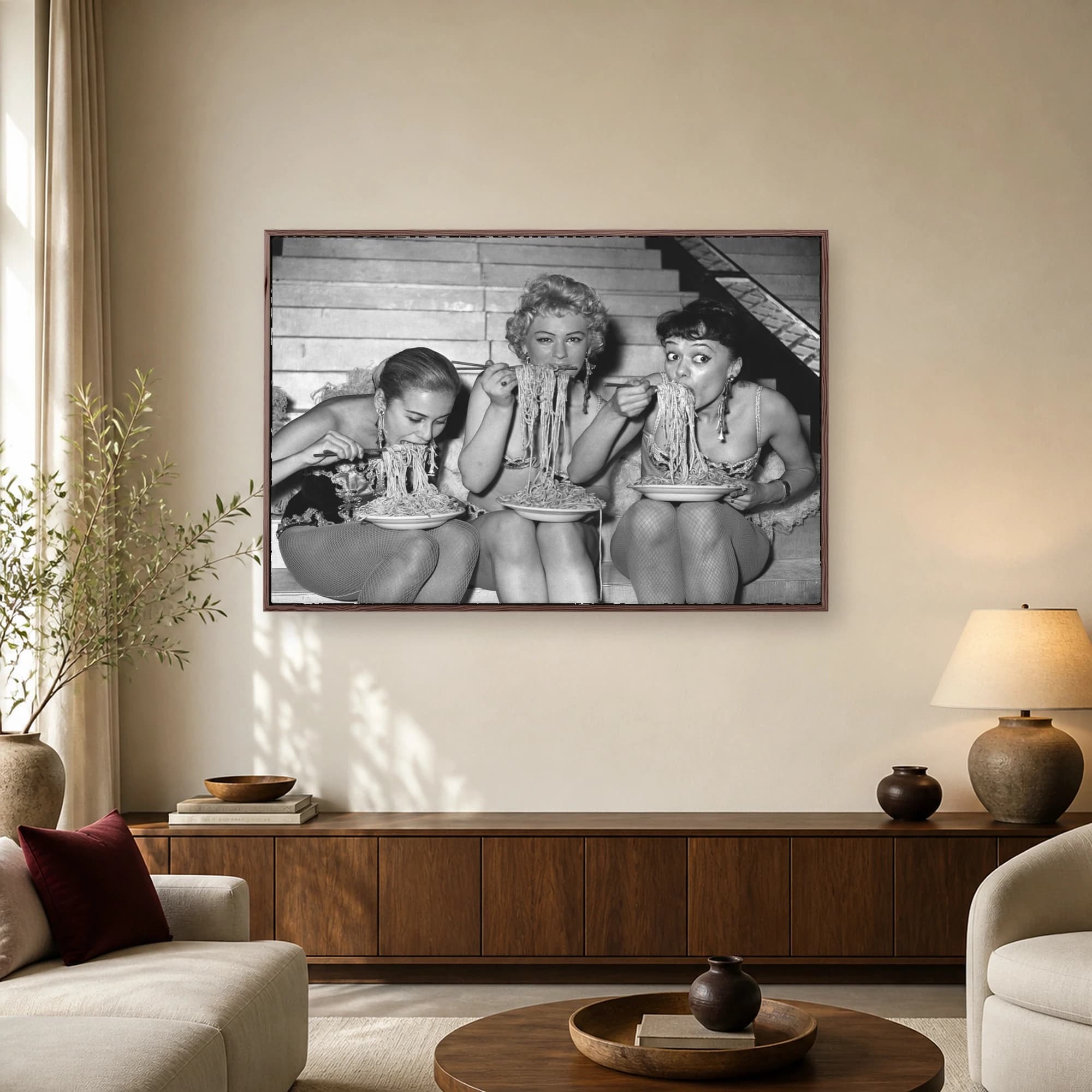 Vintage Women Eating Spaghetti with Chopsticks, view 2
