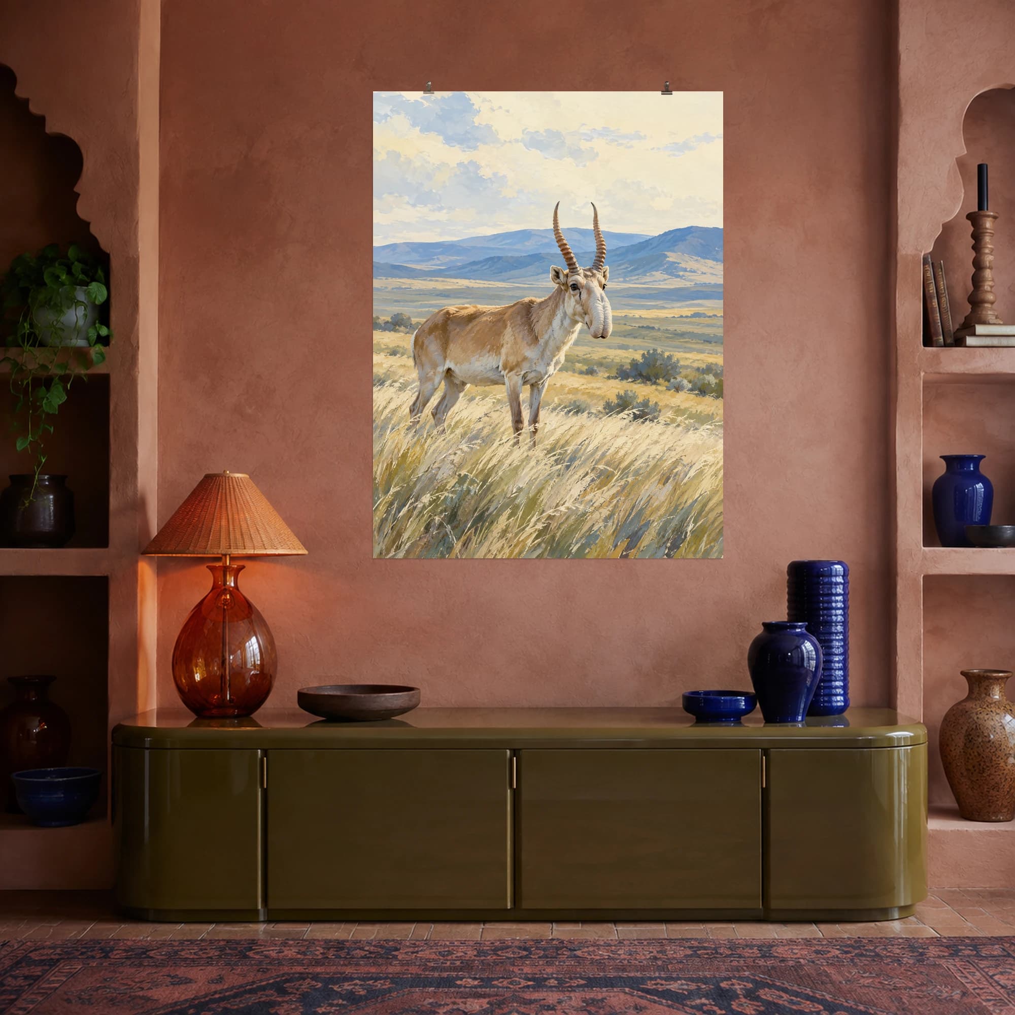 This gouache-style composition features a saiga antelope standing in pale wind swept steppe grass with gentle blue hills and a wide cream sky. Expressive brushwork and a balanced palette bring warmth and character to your space.