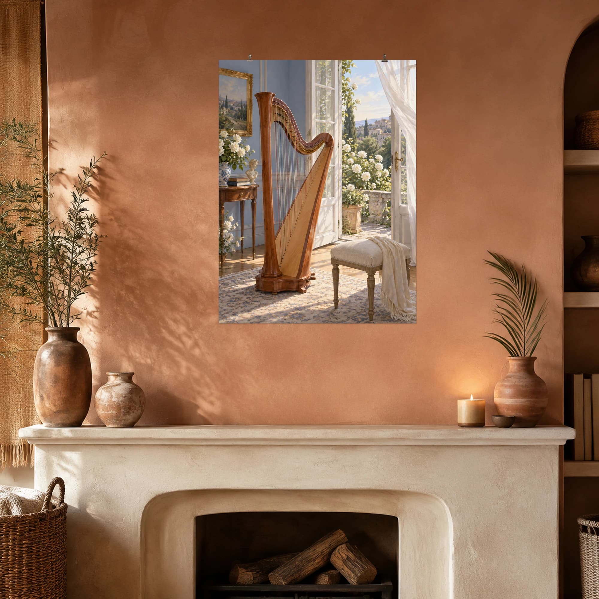 A cherrywood harp catches morning light beside an open window overlooking a white rose garden.