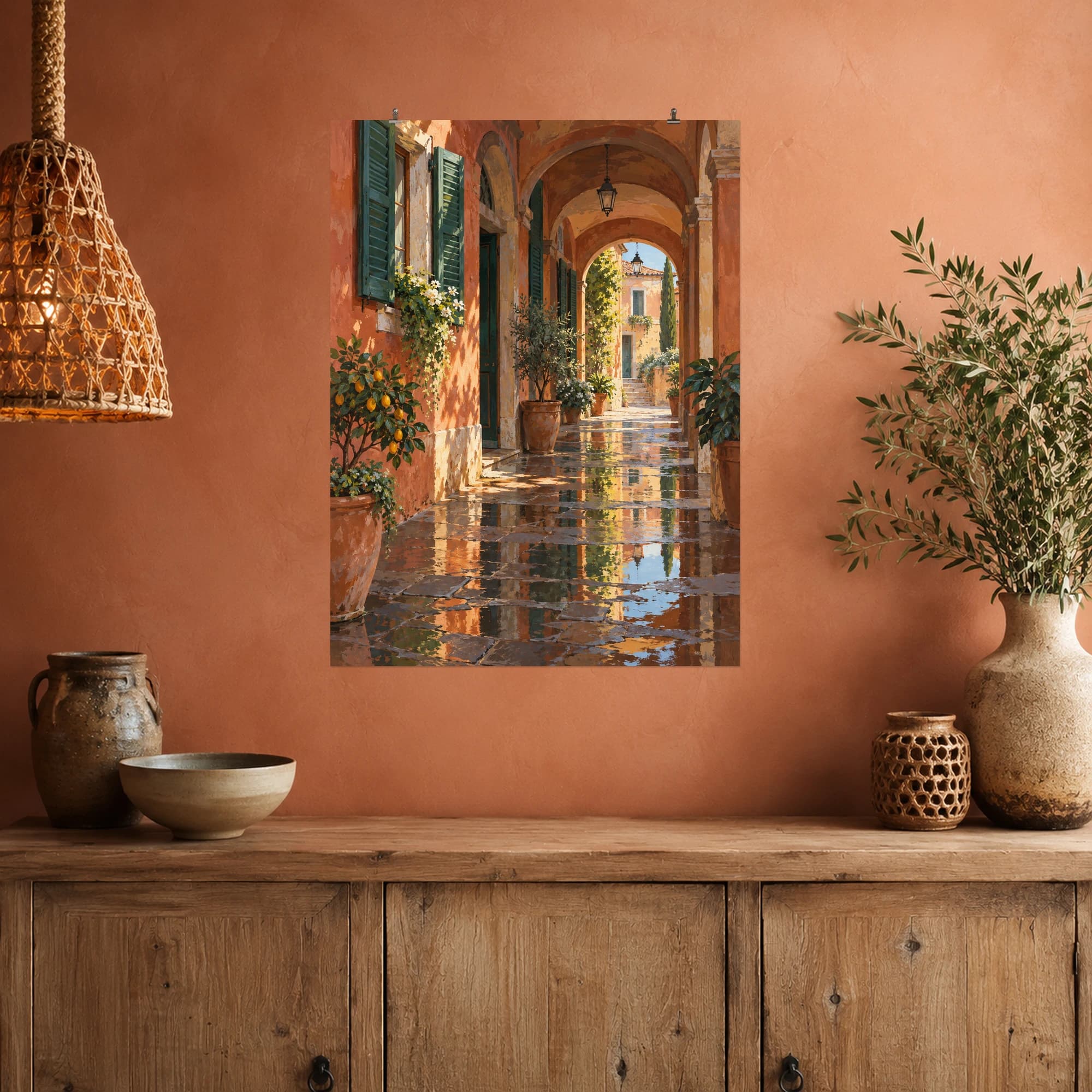This gouache-style composition features a quiet terracotta arcade with emerald shutters and puddles reflecting warm afternoon light. Expressive brushwork and a balanced palette bring warmth and character to your space.