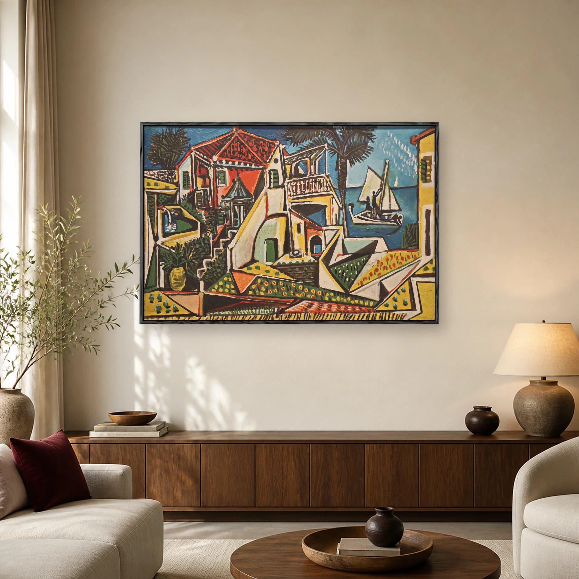 Cubist style painting of a Mediterranean coastal village with white villas, red tile roofs, palm trees, and a sailboat on blue water.