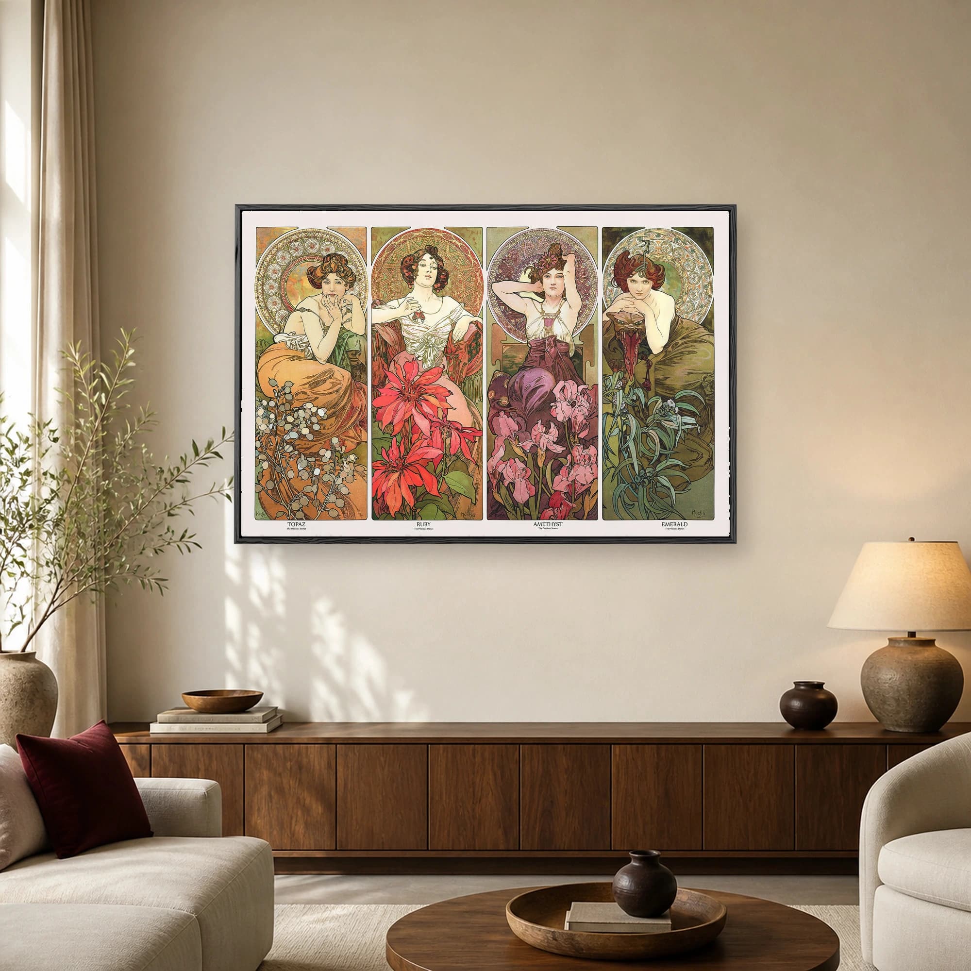Four-panel Art Nouveau illustration by Alphonse Mucha depicting female allegories for Topaz, Ruby, Amethyst, and Emerald with floral and mosaic backgrounds