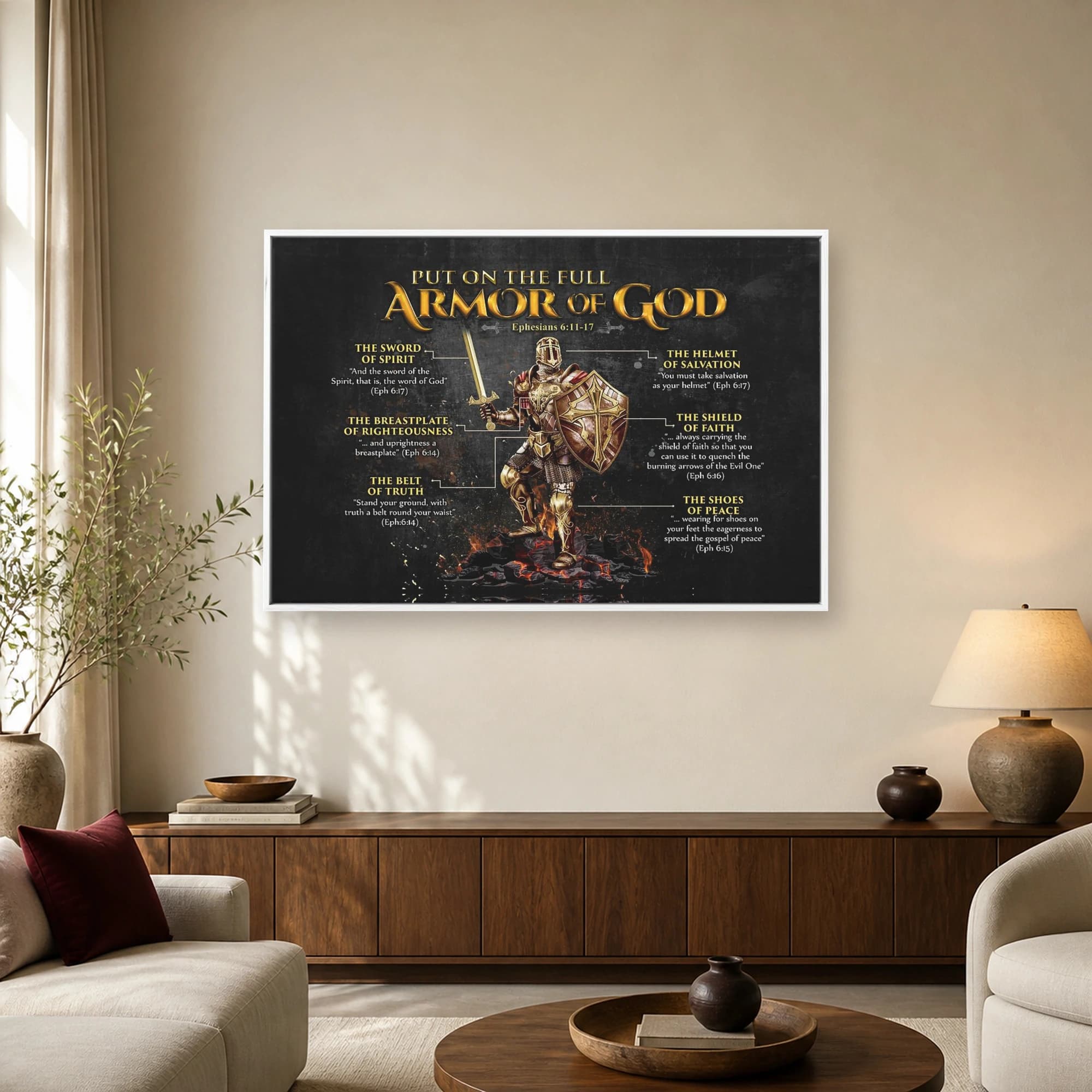 A detailed digital illustration of a medieval knight in glowing gold armor surrounded by scripture labels from Ephesians 6 detailing the armor of God.