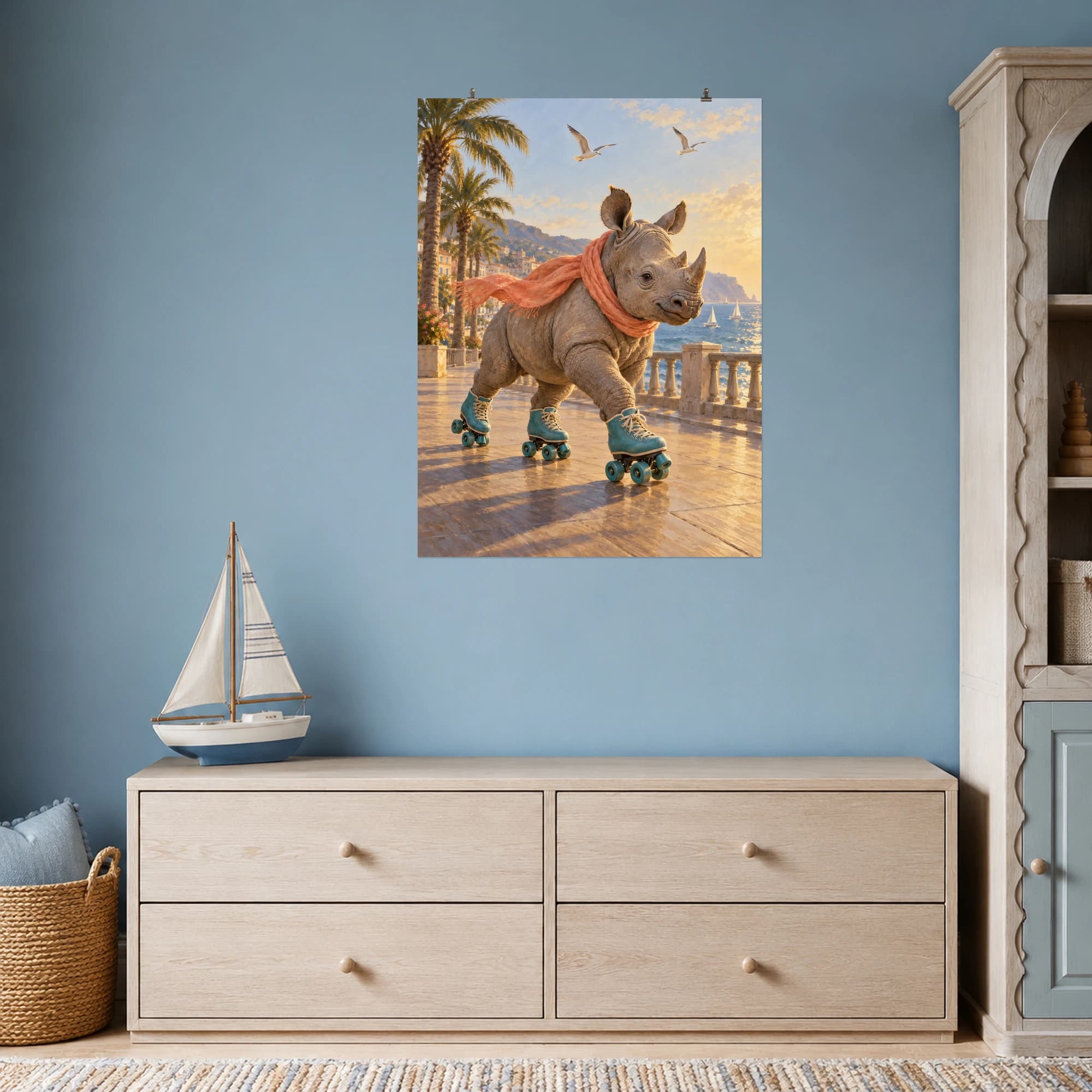 A cheerful rhinoceros in teal roller skates and a coral scarf glides along a sunny seaside promenade.