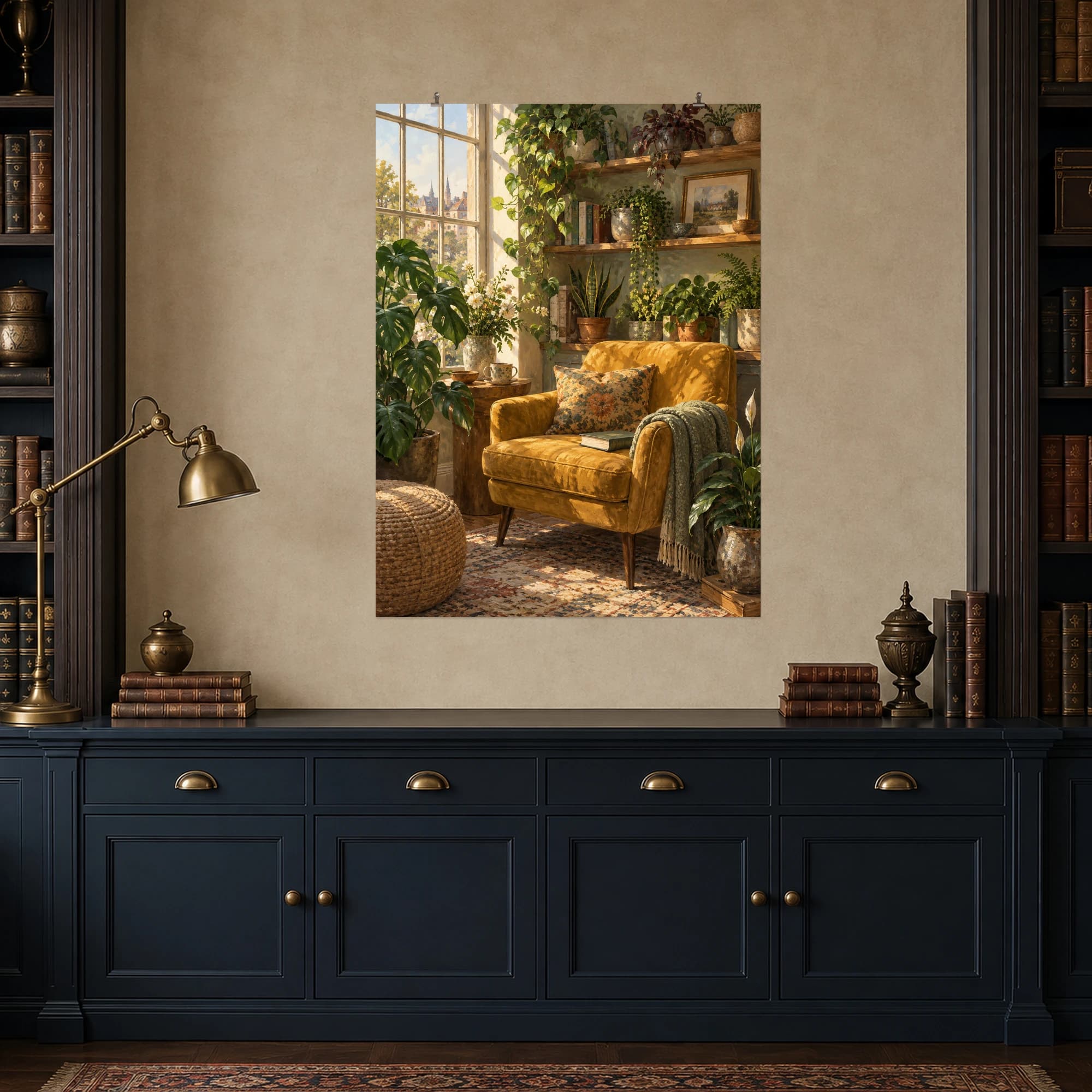 A mustard-colored chair sits among books and leafy houseplants. Warm light and layered greenery make this reading corner feel inviting.
