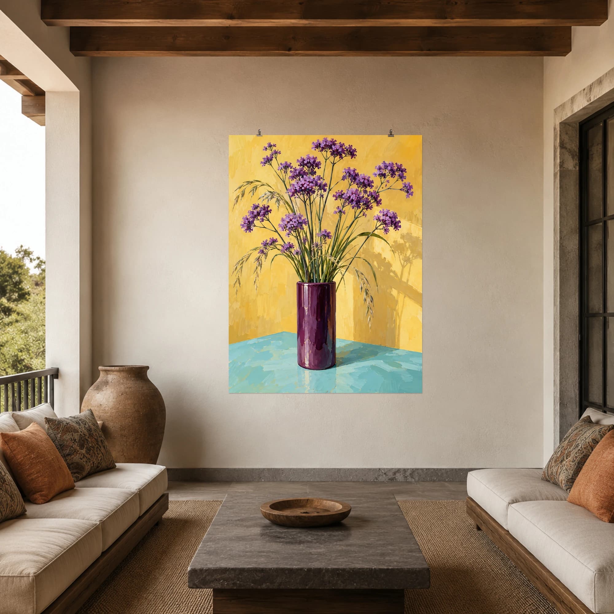 This gouache-style composition features tall violet verbena stems in a plum glazed cylindrical vase with a few arching grasses, buttery yellow wall and pale turquoise table. Expressive brushwork and a balanced palette bring warmth and character to your space.
