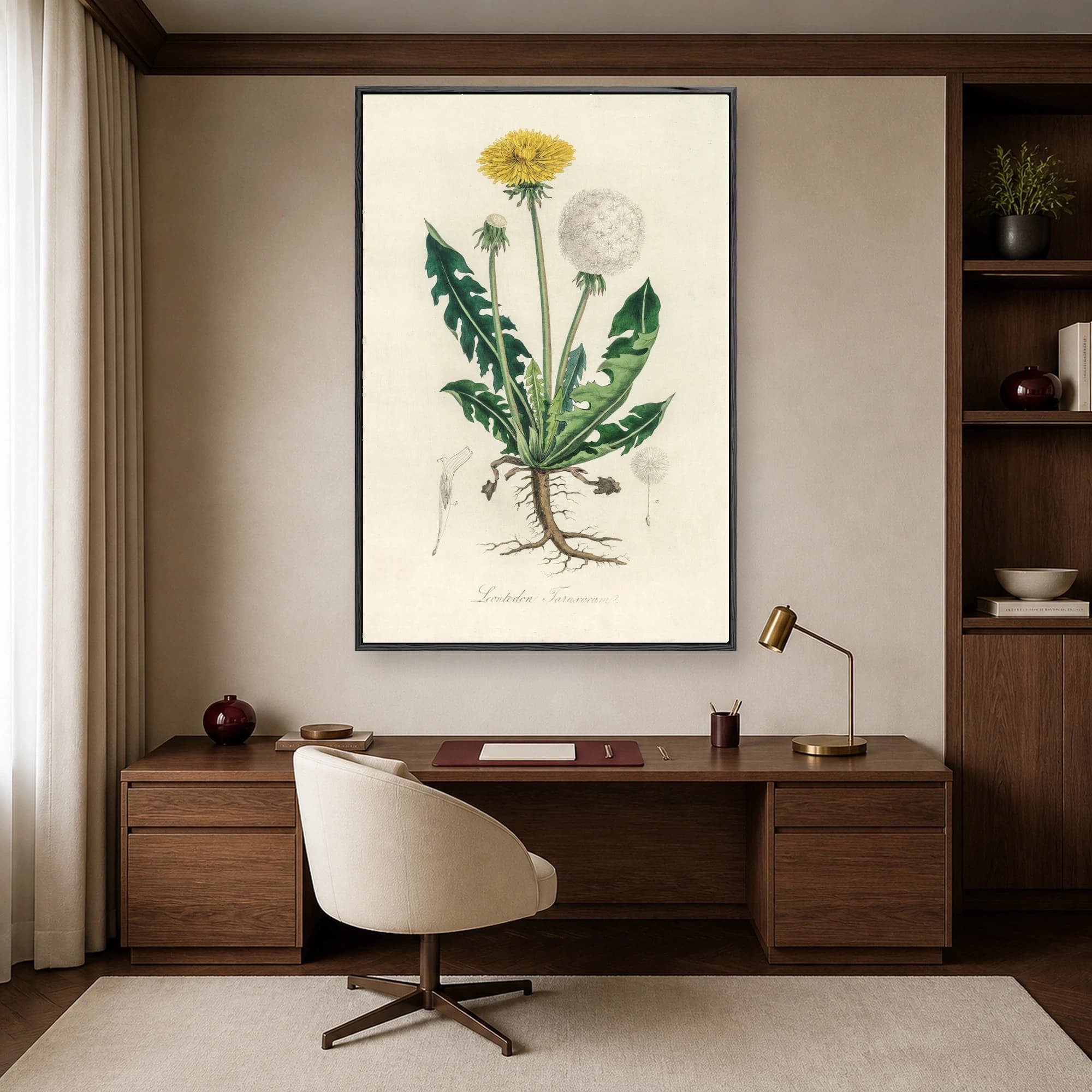 Vintage botanical illustration of a dandelion showing yellow flower, white seed puff, serrated leaves, and roots on an aged cream background.