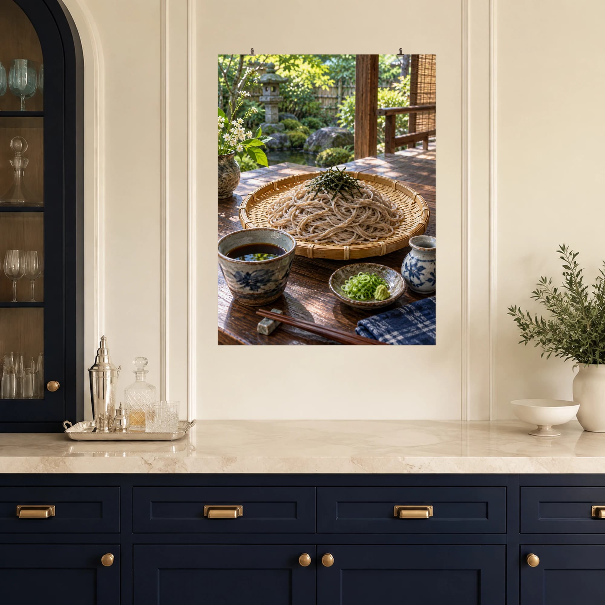 Soba noodles and dipping sauce rest on a shaded garden veranda.