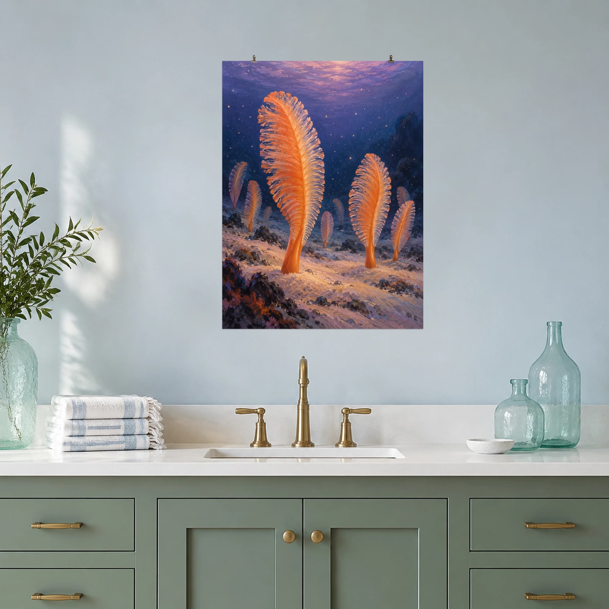 This gouache-style composition features graceful orange sea pens standing in sandy seabed at dusk underwater, lavender water fading into navy and small suspended particles of light. Expressive brushwork and a balanced palette bring warmth and character to your space.