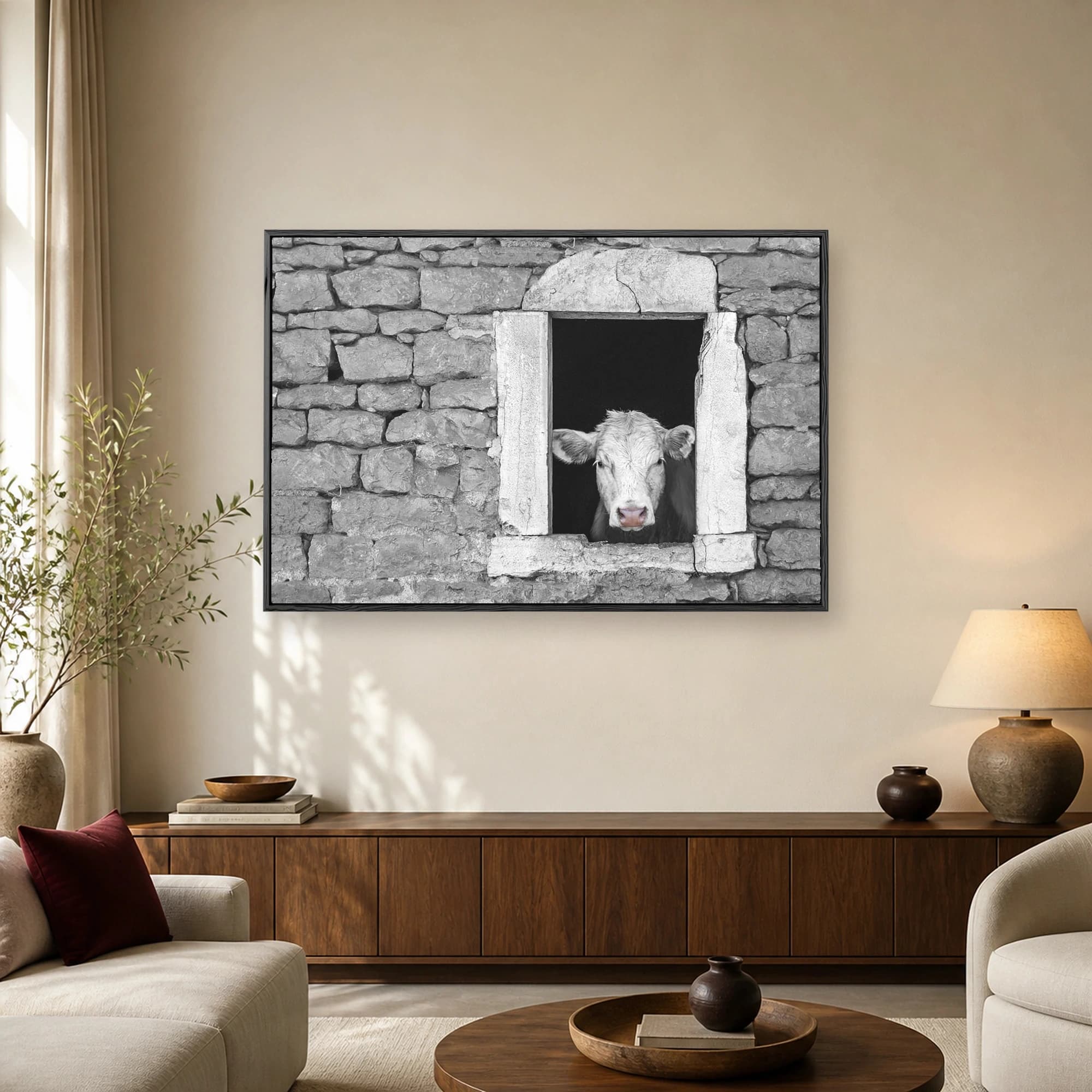 Black and white photograph of a white cow with a pink snout looking out of a rustic stone barn window.