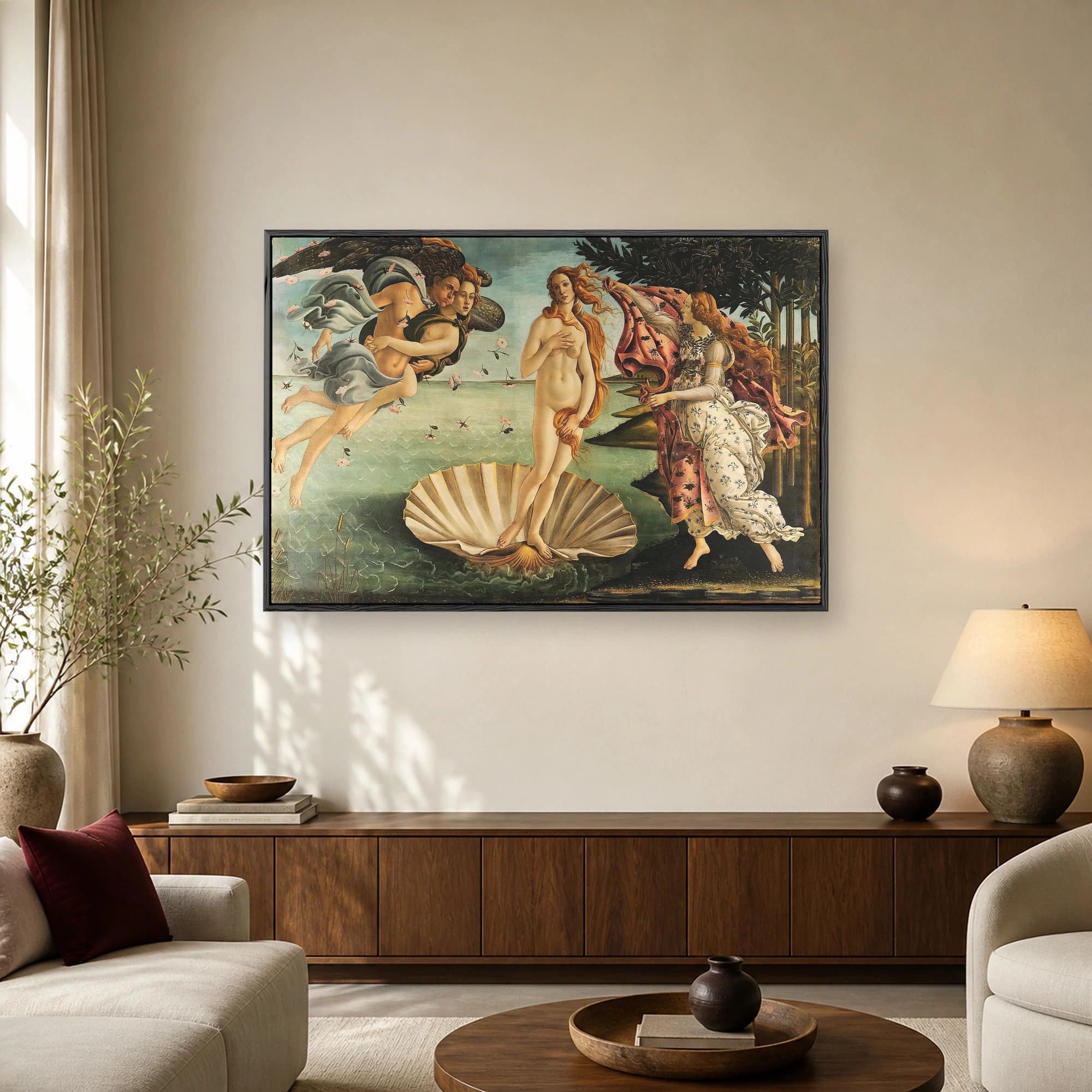 Sandro Botticelli The Birth of Venus fine art print showing the nude goddess standing on a giant scallop shell surrounded by wind figures and a floral cloak.