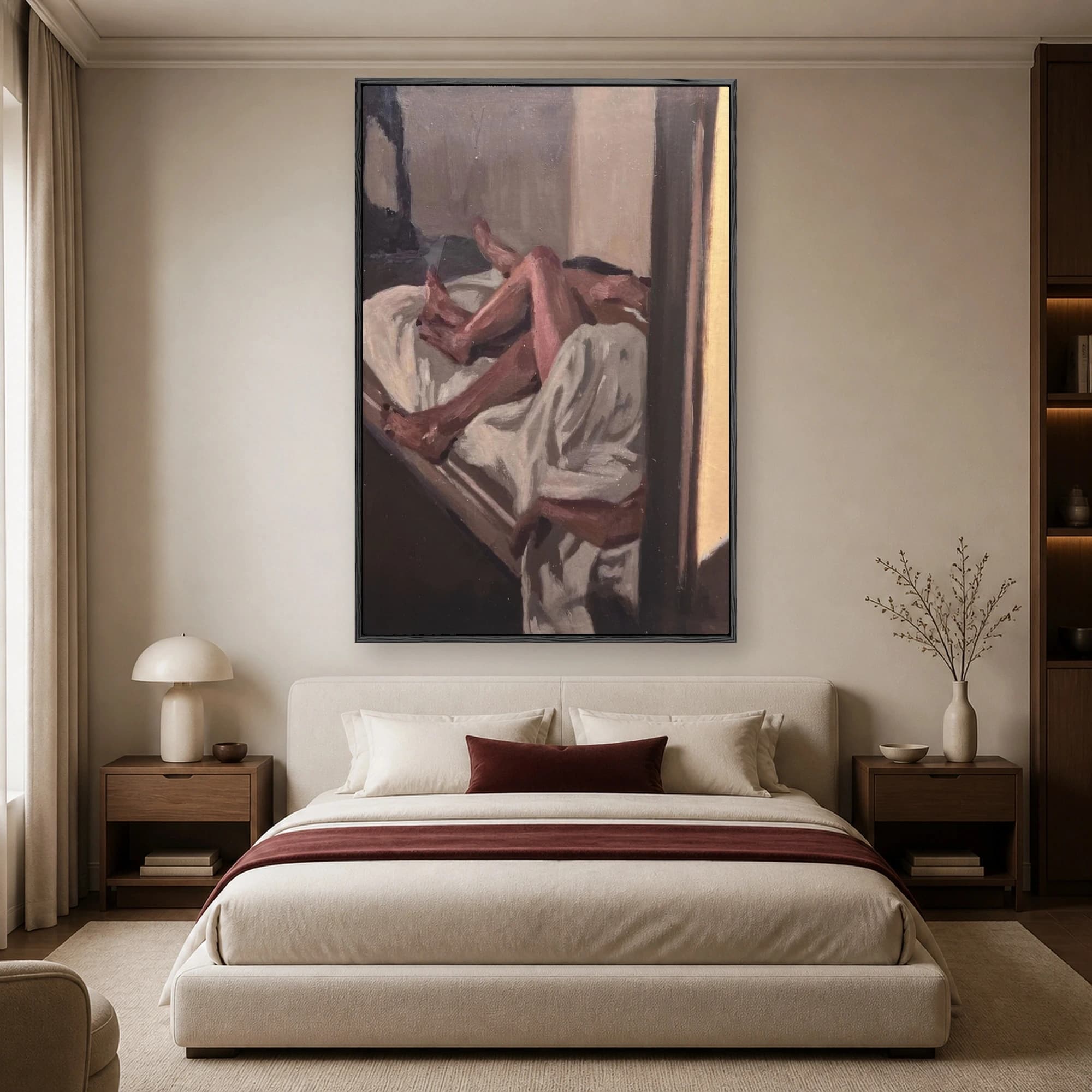 An oil painting depicting entwined human legs resting on a bed with white draped sheets, viewed from a doorway angle.