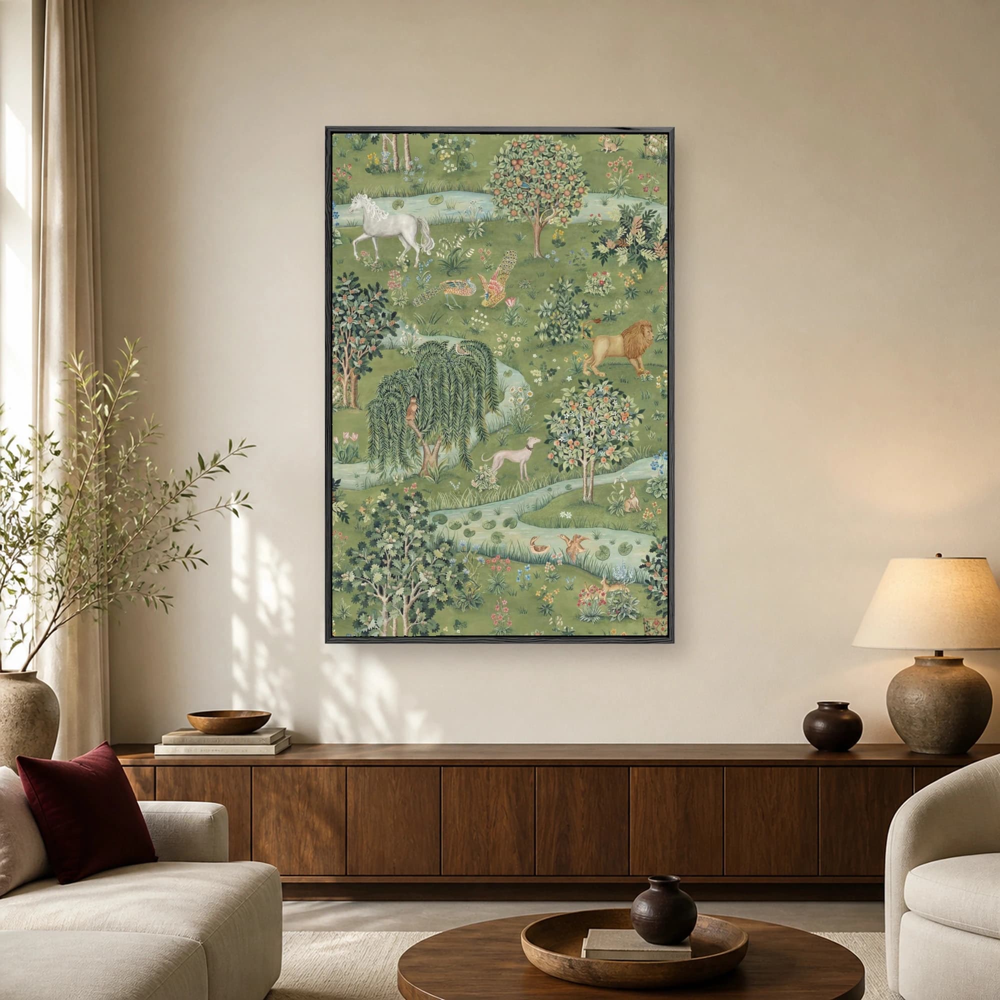 Vintage Arts and Crafts style tapestry wall art featuring a lush green landscape with a lion, white horse, peacocks, fruit trees, and winding rivers.