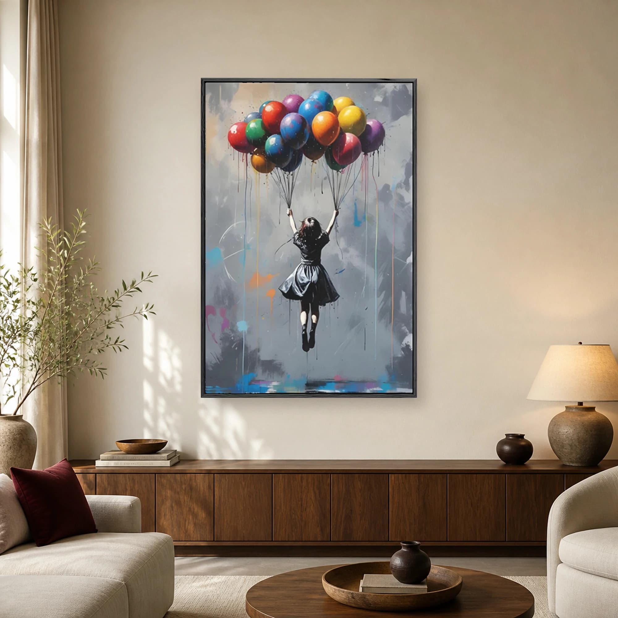 A young girl in a dark dress holding colorful balloons against a grey urban wall with paint drips.