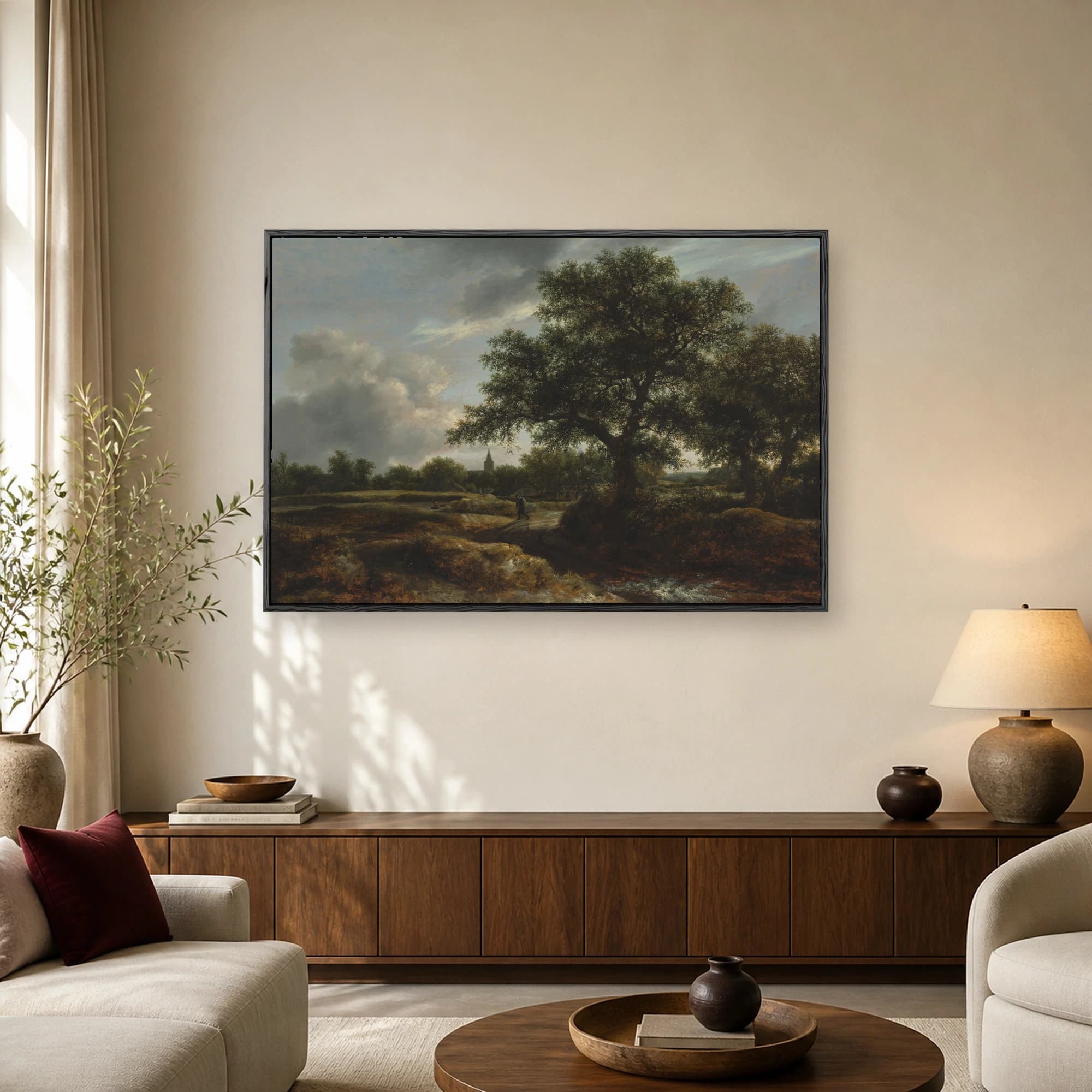 Fine art print of a Dutch Golden Age landscape featuring a massive gnarled oak tree, a winding stream, and a solitary traveler under stormy skies.