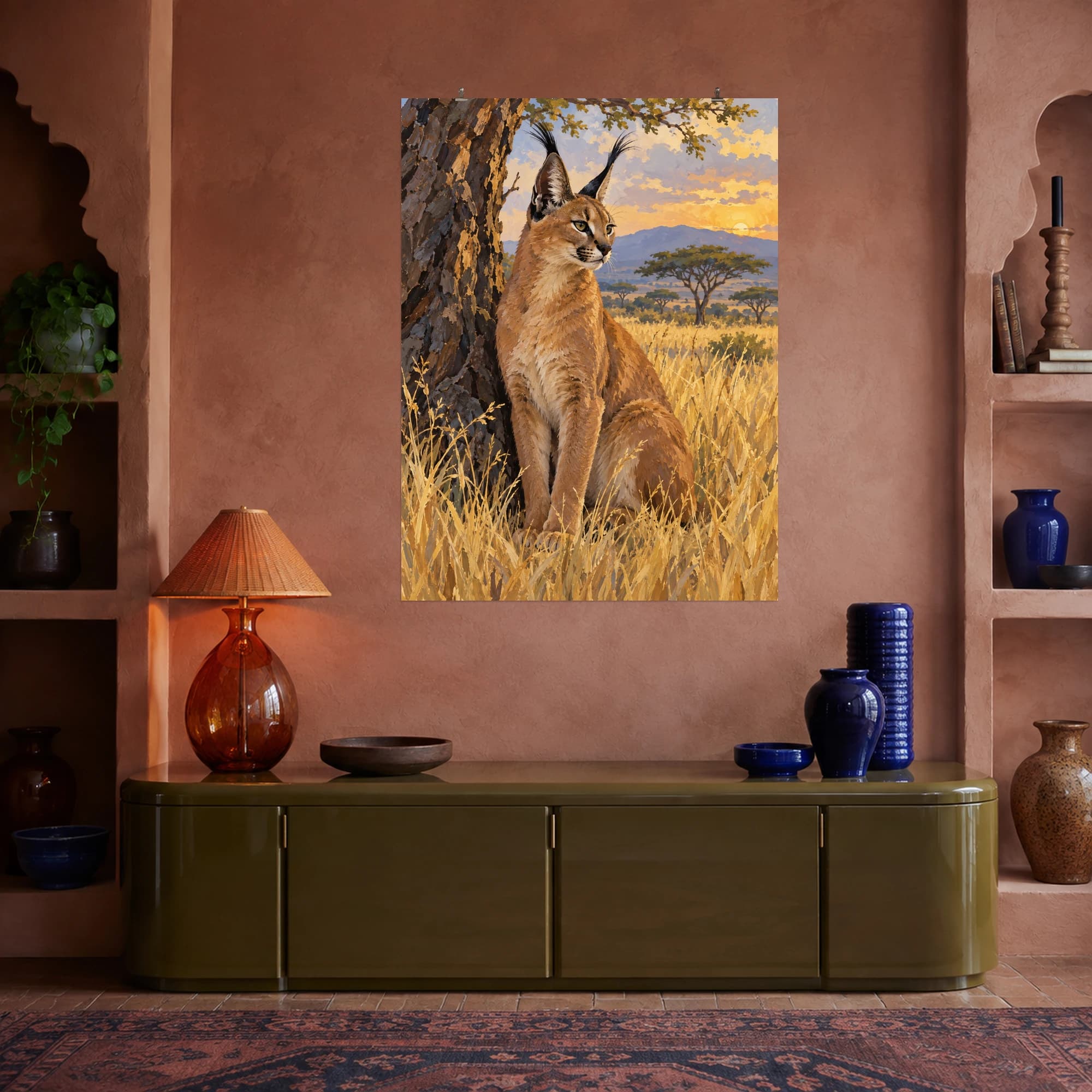 This gouache-style composition features a caracal with long dark ear tufts sitting beside an acacia trunk in golden grass. Expressive brushwork and carefully balanced color bring a distinctive focal point to your wall.