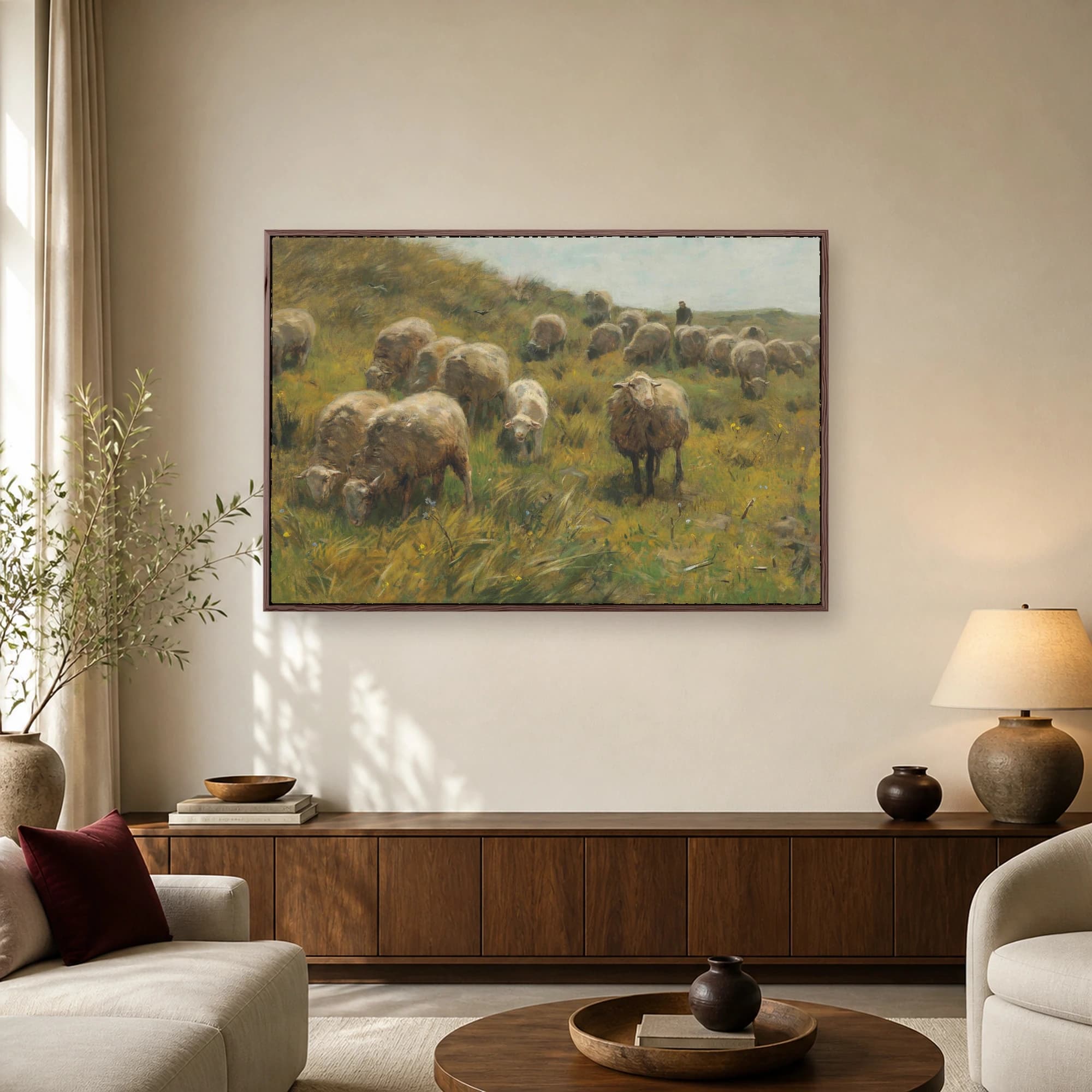 Sheep Grazing on a Hillside Pastoral Fine Art Print, view 2
