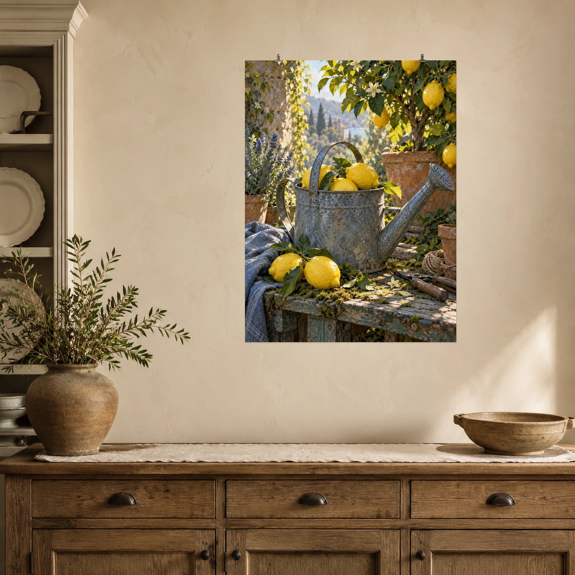 Fresh yellow lemons fill a weathered watering can on a sunlit garden workbench.