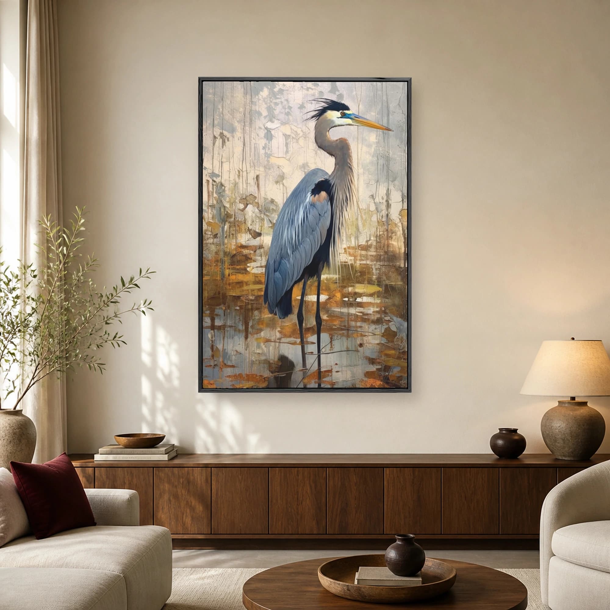 Fine art painting of a majestic blue heron standing in a serene marshland with abstract vertical textures and earthy tones