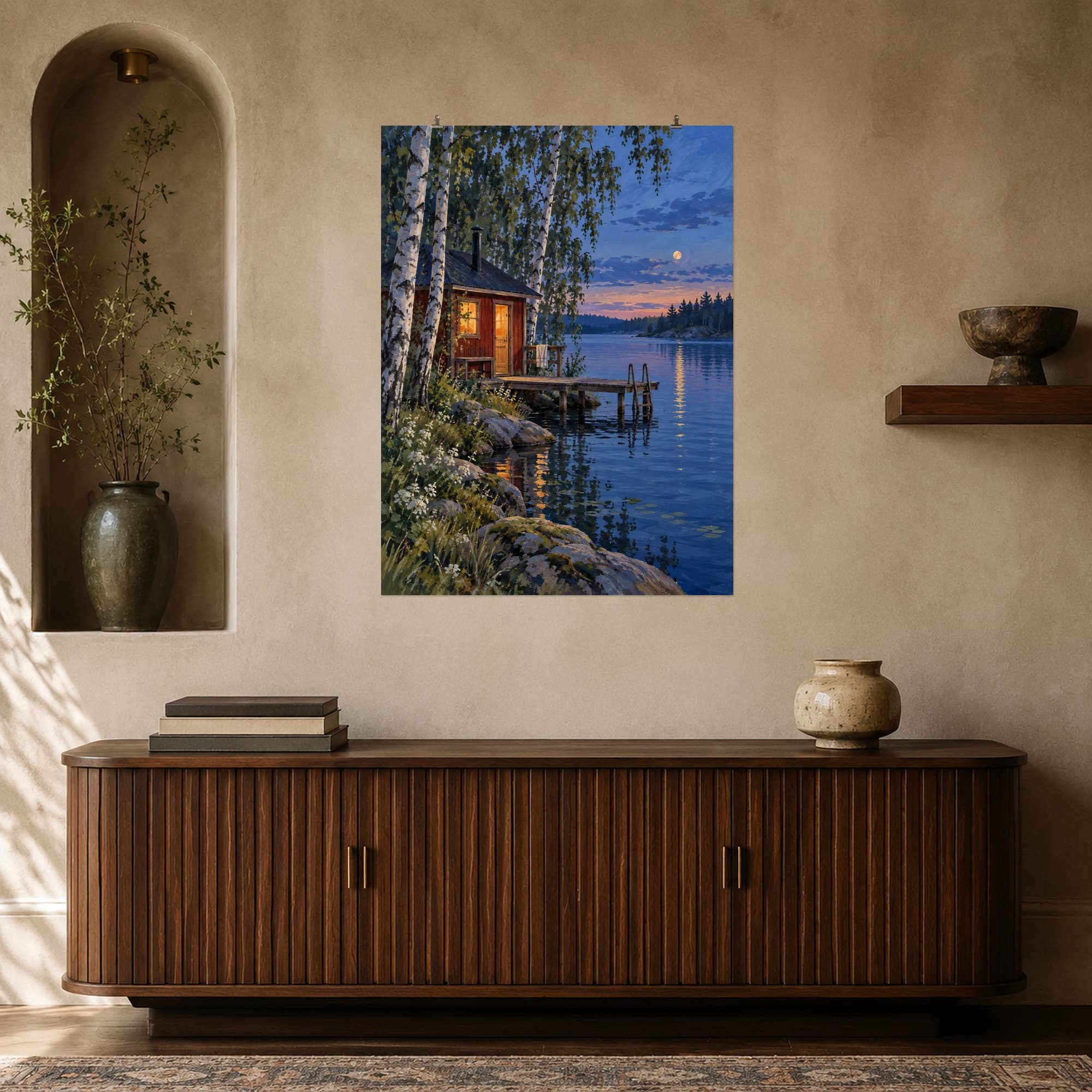 This gouache-style composition features a tiny red timber lakeside sauna with a wooden jetty among birches at quiet blue twilight. Expressive brushwork and carefully balanced color bring a distinctive focal point to your wall.