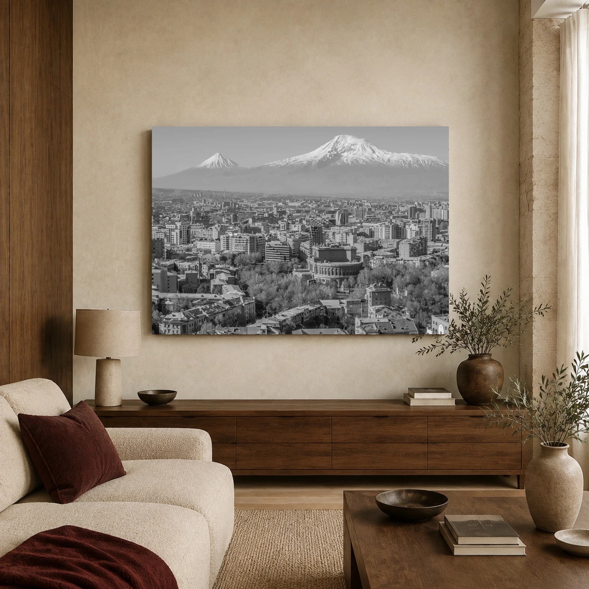 Yerevan Skyline and Mount Ararat Black and White Wall Art Print, view 3