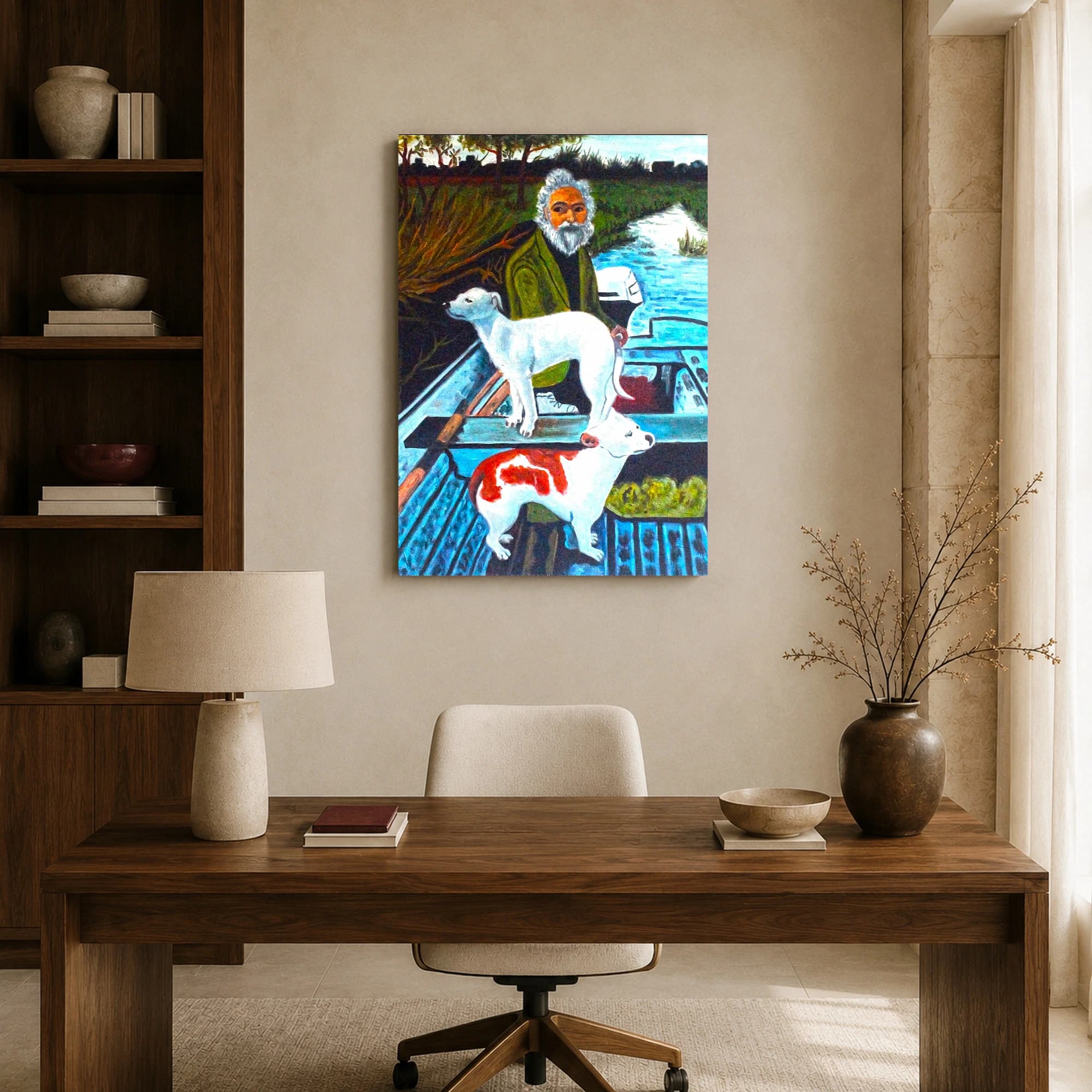 Man and Dogs on a Blue Boat Folk Art Canvas Print, view 8