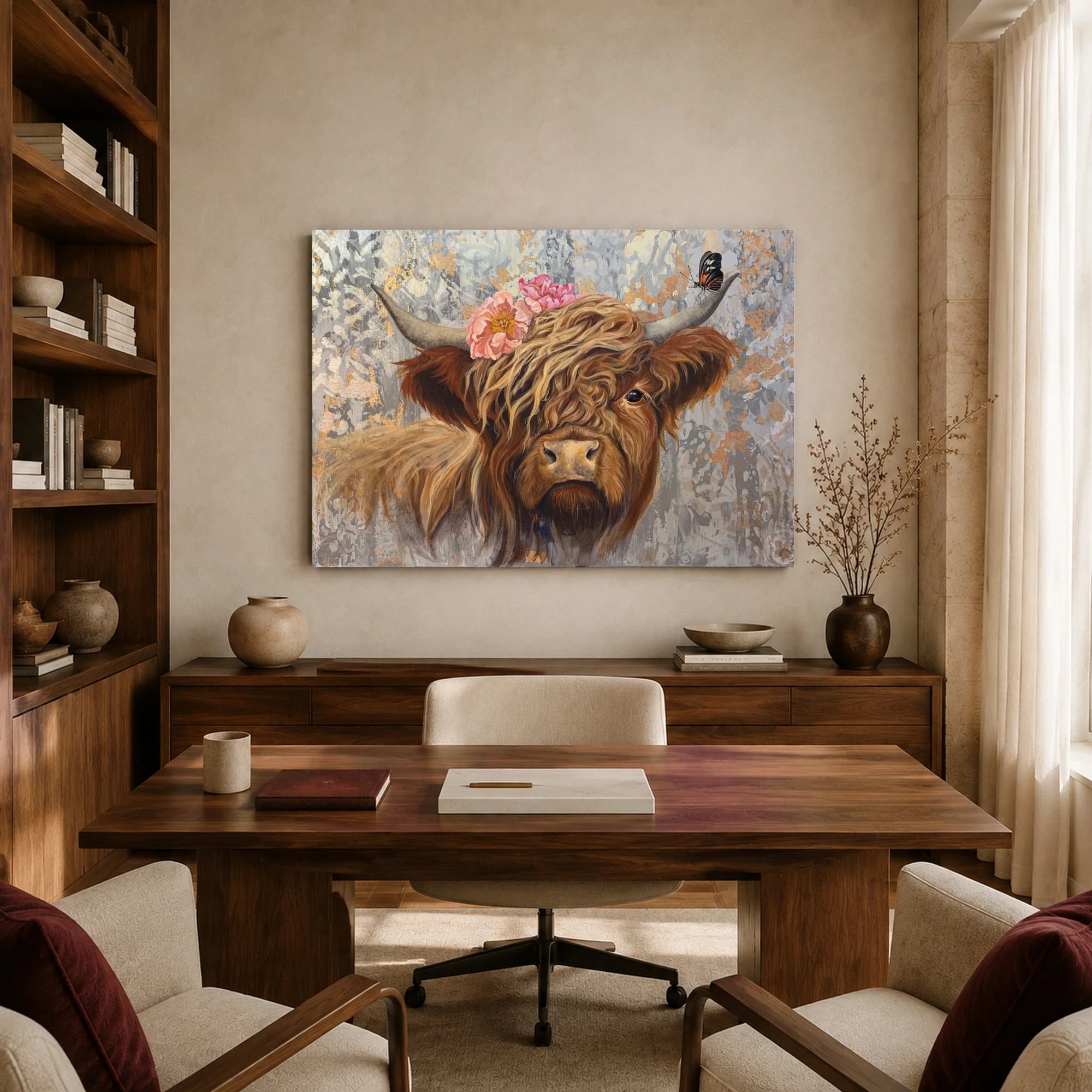 Highland Cow Canvas Print with Pink Peonies, view 8