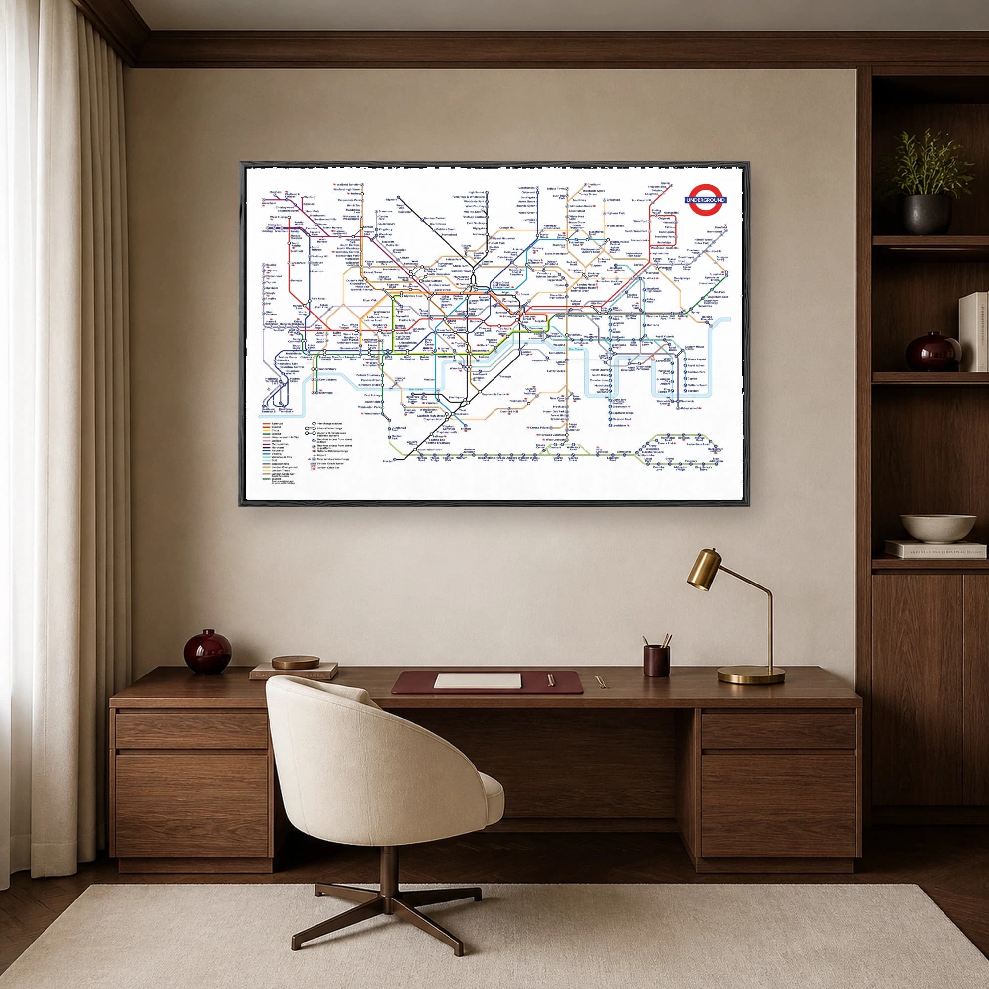 A detailed graphic diagram of the London Underground map showing colorful transit lines and station names against a white background.