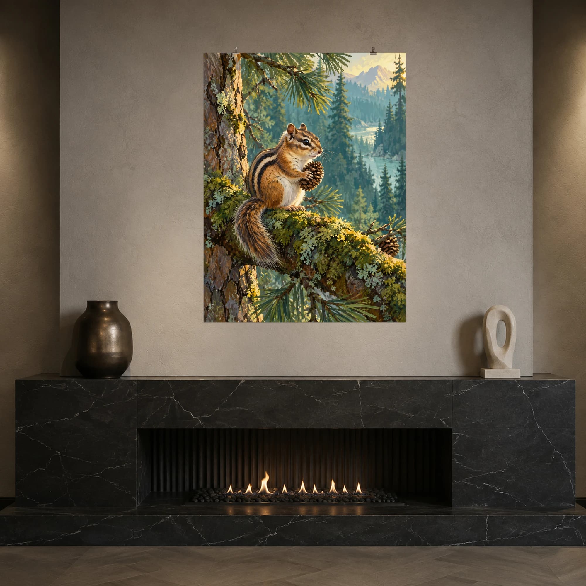 A chipmunk pauses on a mossy branch beneath the soft light of a pine forest.