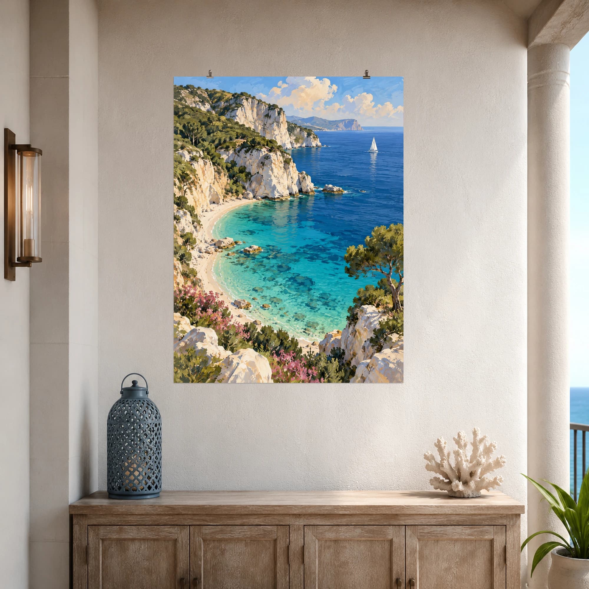 This gouache-style composition features a secluded crescent bay with turquoise shallows, pale limestone cliffs and a distant white sail. Expressive brushwork and carefully balanced color bring a distinctive focal point to your wall.