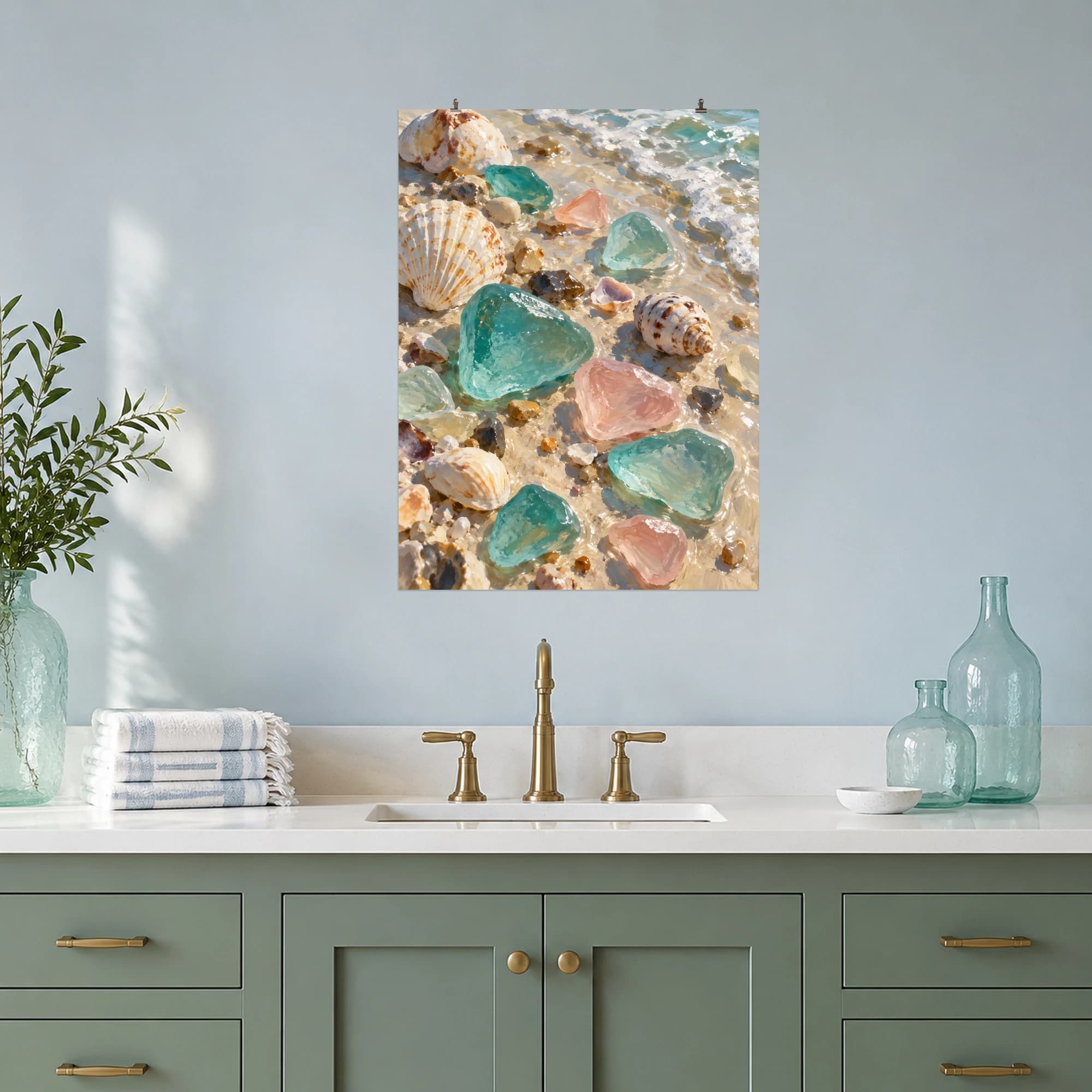 This gouache-style composition features rounded turquoise amber and pale rose sea glass scattered among small shells on wet ivory sand. Expressive brushwork and carefully balanced color bring a distinctive focal point to your wall.